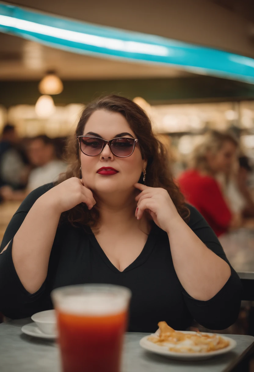 Girl of approximately 35 years old, super fat in the cafeteria, with a tight t-shirt and dirty with ketchup, with big teeth and very strange glasses. Looking fixedly and seriously at the camera. With her boyfriend and friend behind.