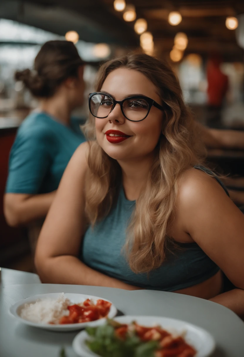 Girl of approximately 35 years old, super fat in the cafeteria, with a tight t-shirt and dirty with ketchup, with big teeth and very strange glasses. Looking fixedly and seriously at the camera. With her boyfriend and friend behind.