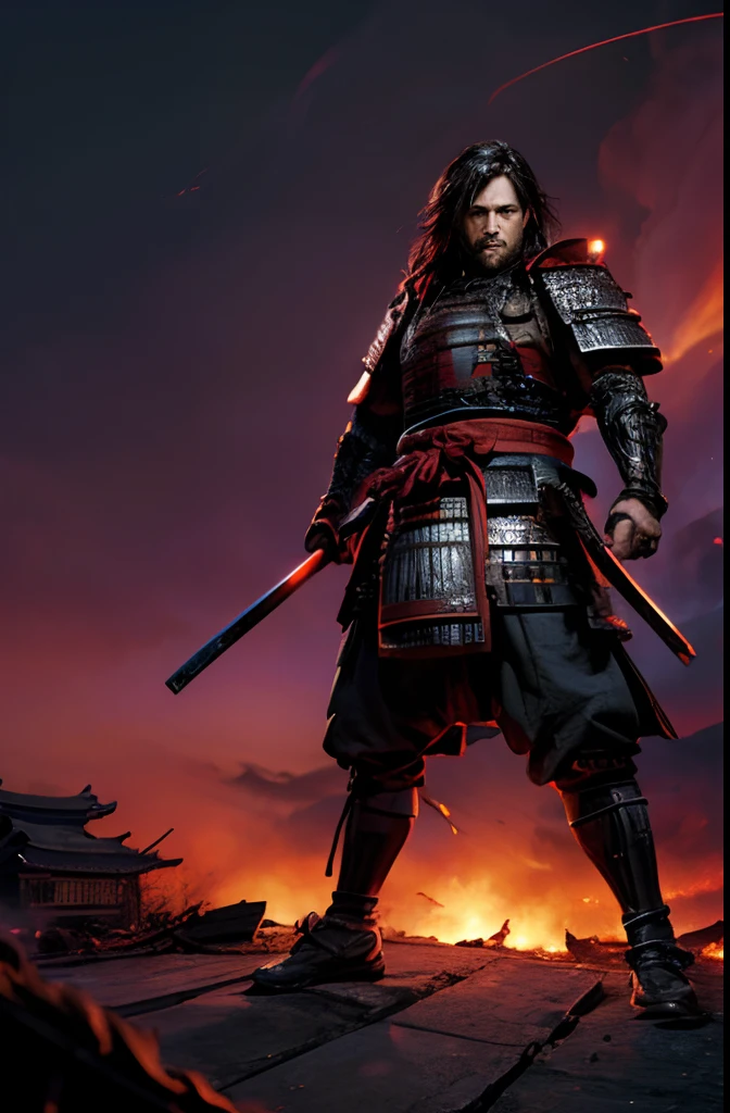 ((full body wide shot : 1.2)) 1man, ((strong and mature man : 1.2)), defiant pose, ((medium length hair : 1.4)), (dark purple hair:1.3), (piercing blue eyes:1.3), (slight smile), (detailed blue eyes:1.2), ((square chin)), (handsome face:1.3), (high quality eyes:1.3)
((traditional samurai armor:1.3)), ((full coverage, modest : 1.3)), ((ombre gradient, black to purple gradient : 1.3)), bright red ((waist sash)), ((hyperdetailed armor)),
looking at you, (extremely detailed CG unity 8k wallpaper) (best shadow), ((an extremely strong and powerful)), (detailed light), ((depth of field)) big head, big sparkling eyes, cinematic lighting, frontal view, volumetric lighting maximalist photo illustration 64k resolution high res intricately detailed complex key visual precise linear lineart
((Standing in the ruins of an ido period Japanese village, in the village center, surrounded by burning buildings from the recently completed battle, smoke in the air, smoky red clouds)), ((hyperdetailed scenery, vast red skies, vast red skyline in distance behind him: 1.3)) , armor,