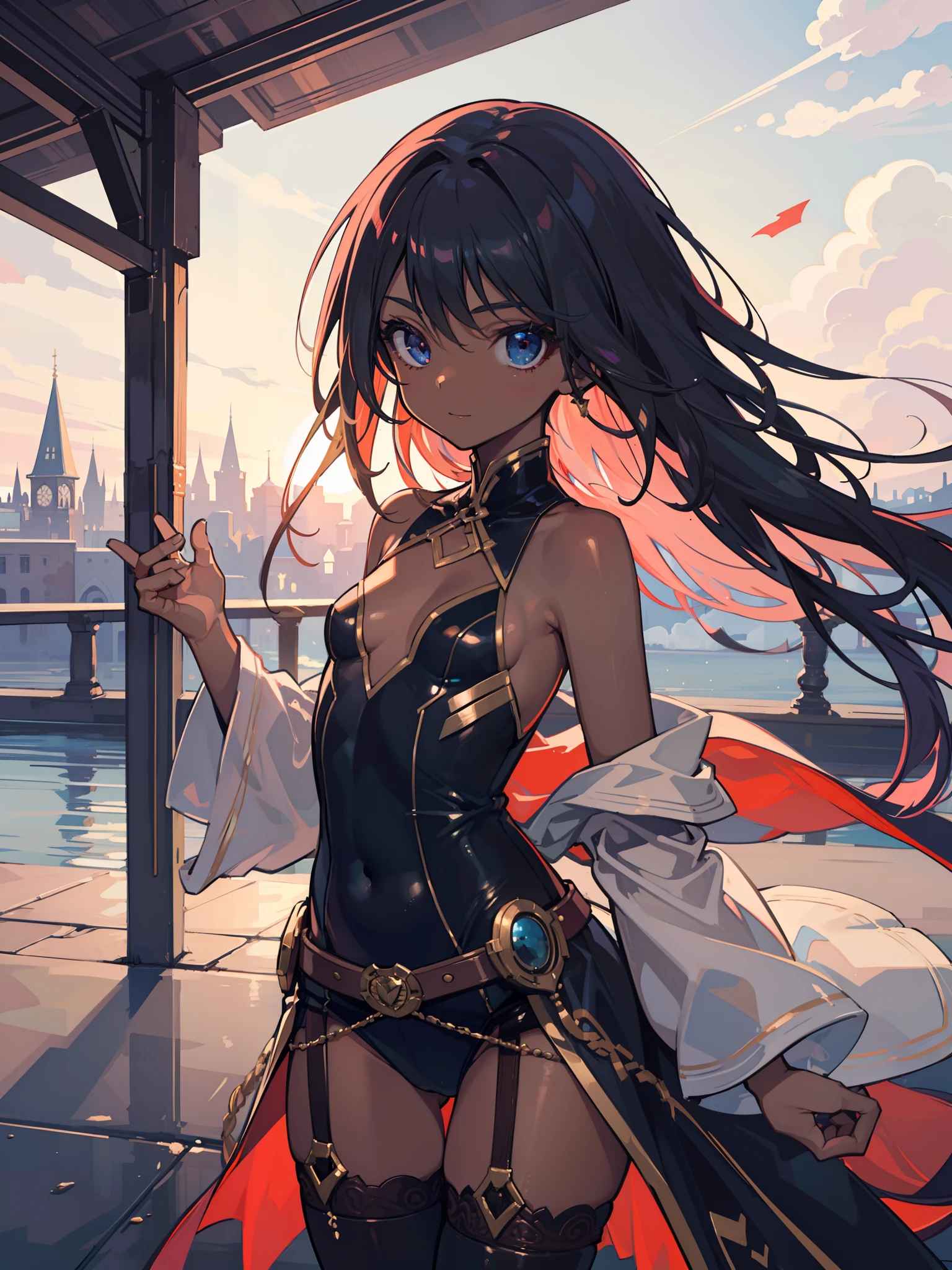 (Best quality, high quality:1.1), (masterpiece:1.1), Fantasy, dark skin tone, (li, very young girl:1.1), adventurer, equipment, medieval clothes, very small breasts, flat chest, thigh highs, very happy, beautiful face, beautiful body, very athletic, highly detailed eyes, best quality eyes, very beautiful hair, perfect anatomy, realistic light, high quality shadows, 4k Resolution, High-Res, Ultra HD, RTX on, soft illumination,