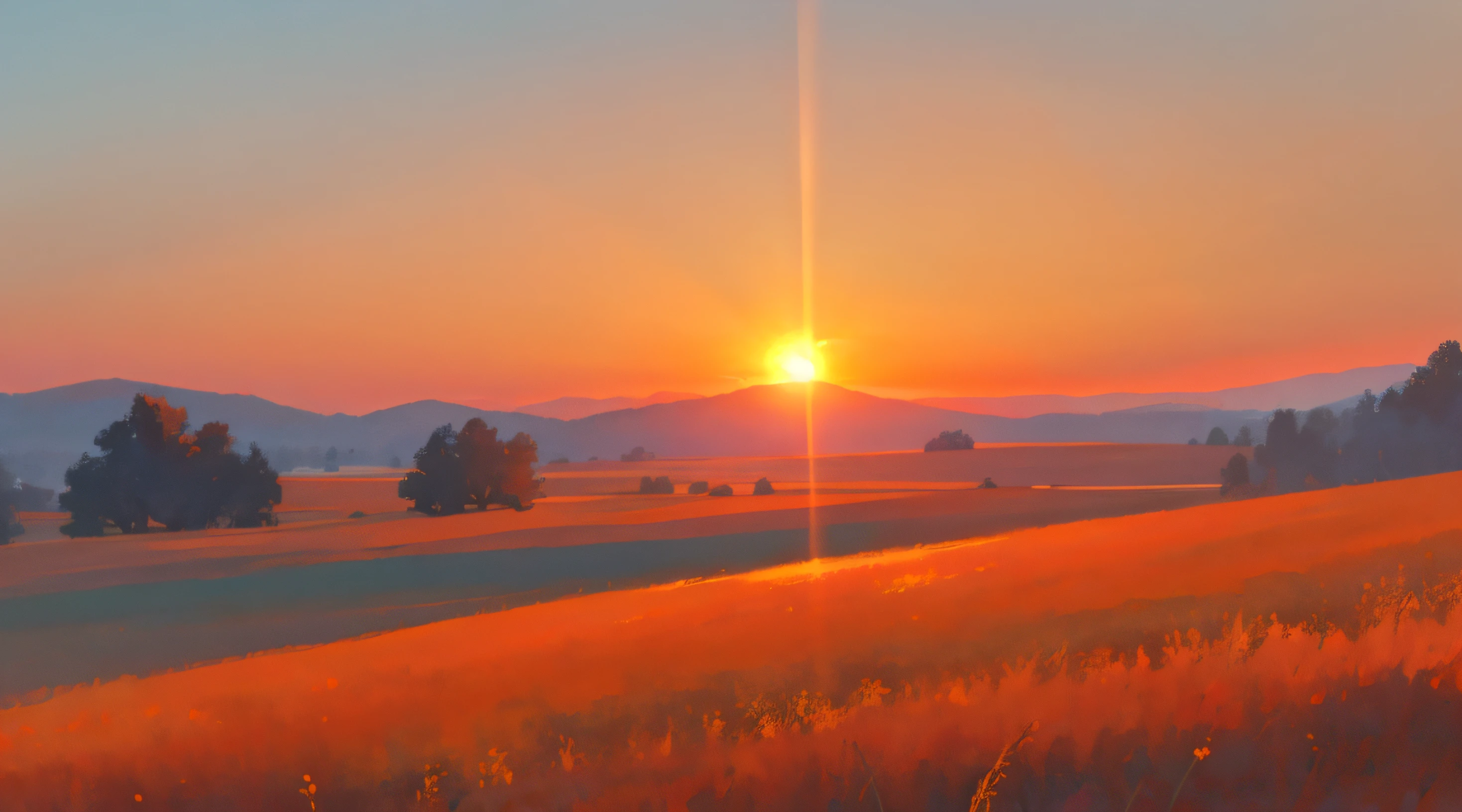 Describe a breathtaking scene where the setting sun paints the sky with shades of gold and crimson, casting a warm glow over the tranquil meadow."