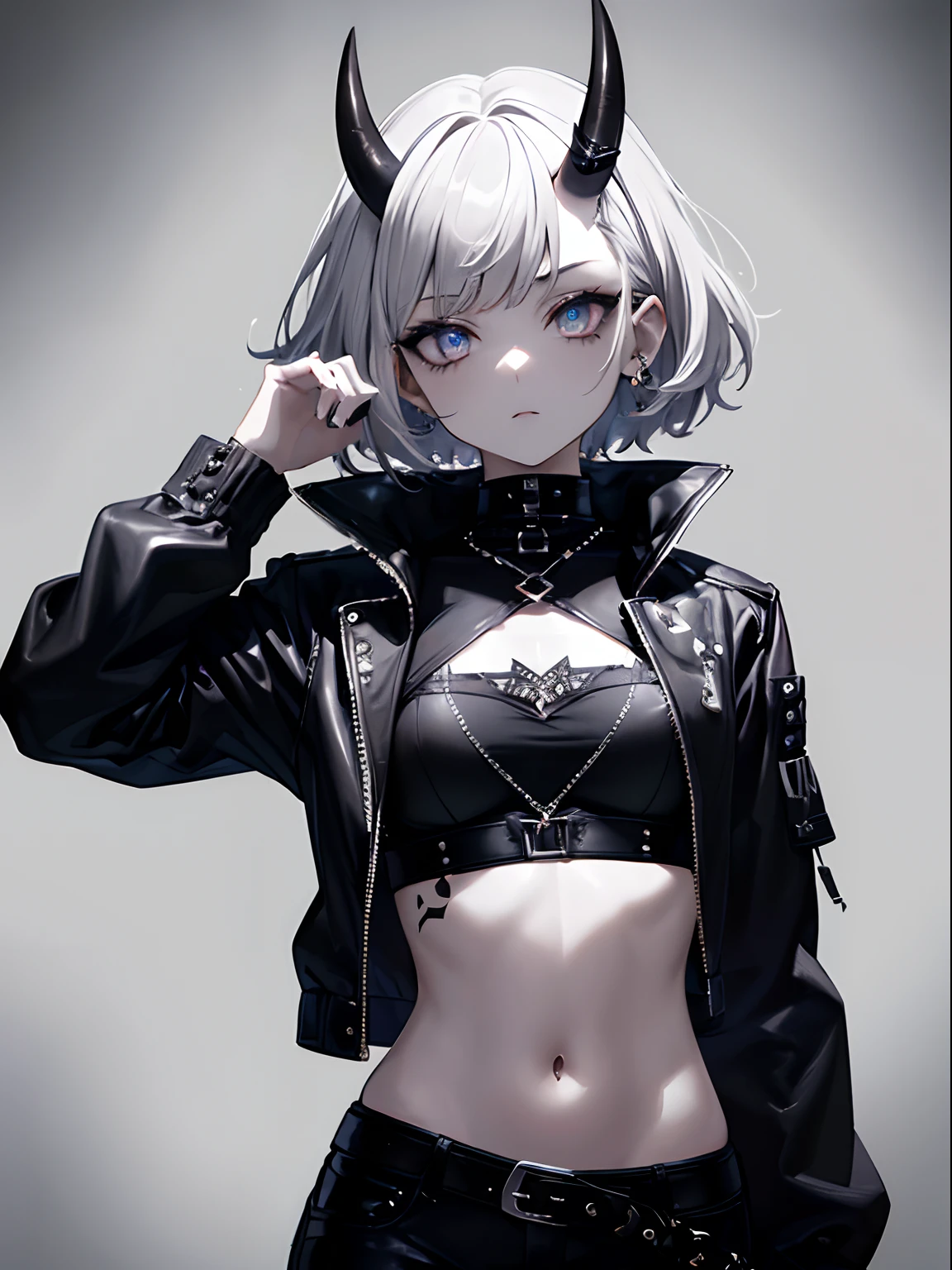 (masterpiece,best quality,ultra-detailed),1girl,dark ambar hair,short hair,(messy hairstyle),oni horns,gothic punk fashion, beautiful and detailed face, detailed eyes,(grey theme),looking at viewer,crop top,jacket,small chest