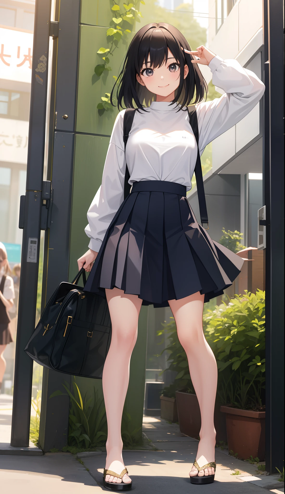 1girl, Young adult, white sweater, short black skirt, long slightly wavy black hair, glasses, smooth thighs, full body, masterpiece, official art, standing, large breast