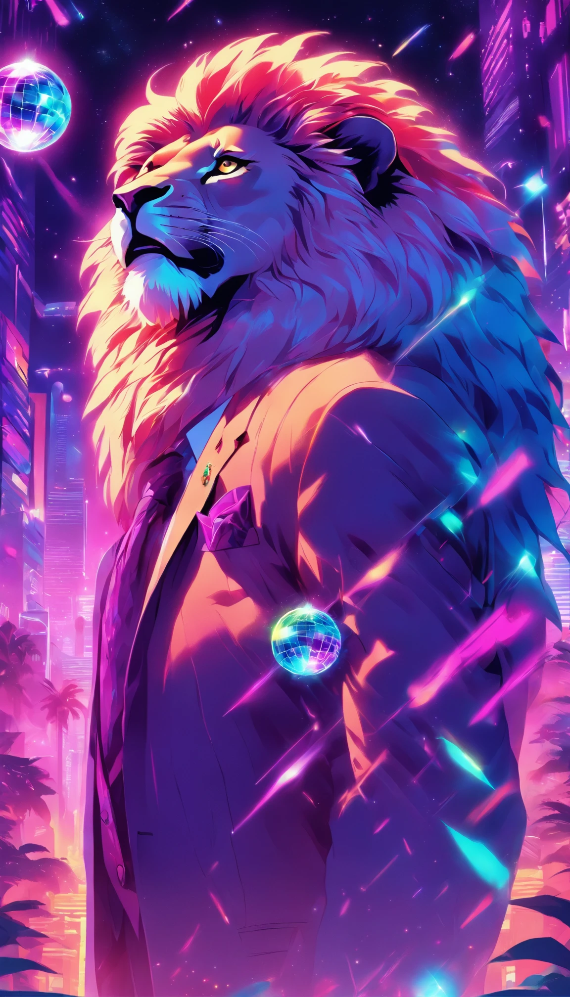 masterpiece of a lion wearing a suit and sunglasses with a disco ball in the background, wearing disco suit, 8 0's style tomasz alen kopera, poster in 8 0 s style, synthwave style, 8 0 - s style poster, synthwave art style ]!!, inspired by Mike Winkelmann, synthwave art style, synthwave art, king of the jungle, psychedelic,vibrant, iridicent  colors, purple, turquoise, neon green and yellow.