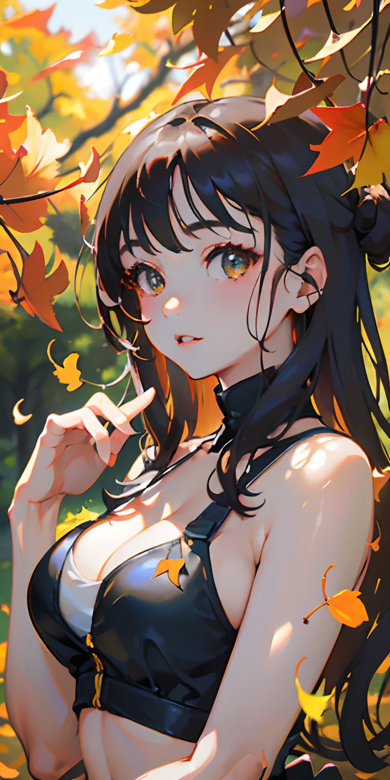 realisticlying、girl with、Outdoor Fashion、Autumn leaves Autumn leaves、Beautiful ginkgo trees、Breasts slightly larger and cleavage emphasized、Sexy Posing、Natural views
