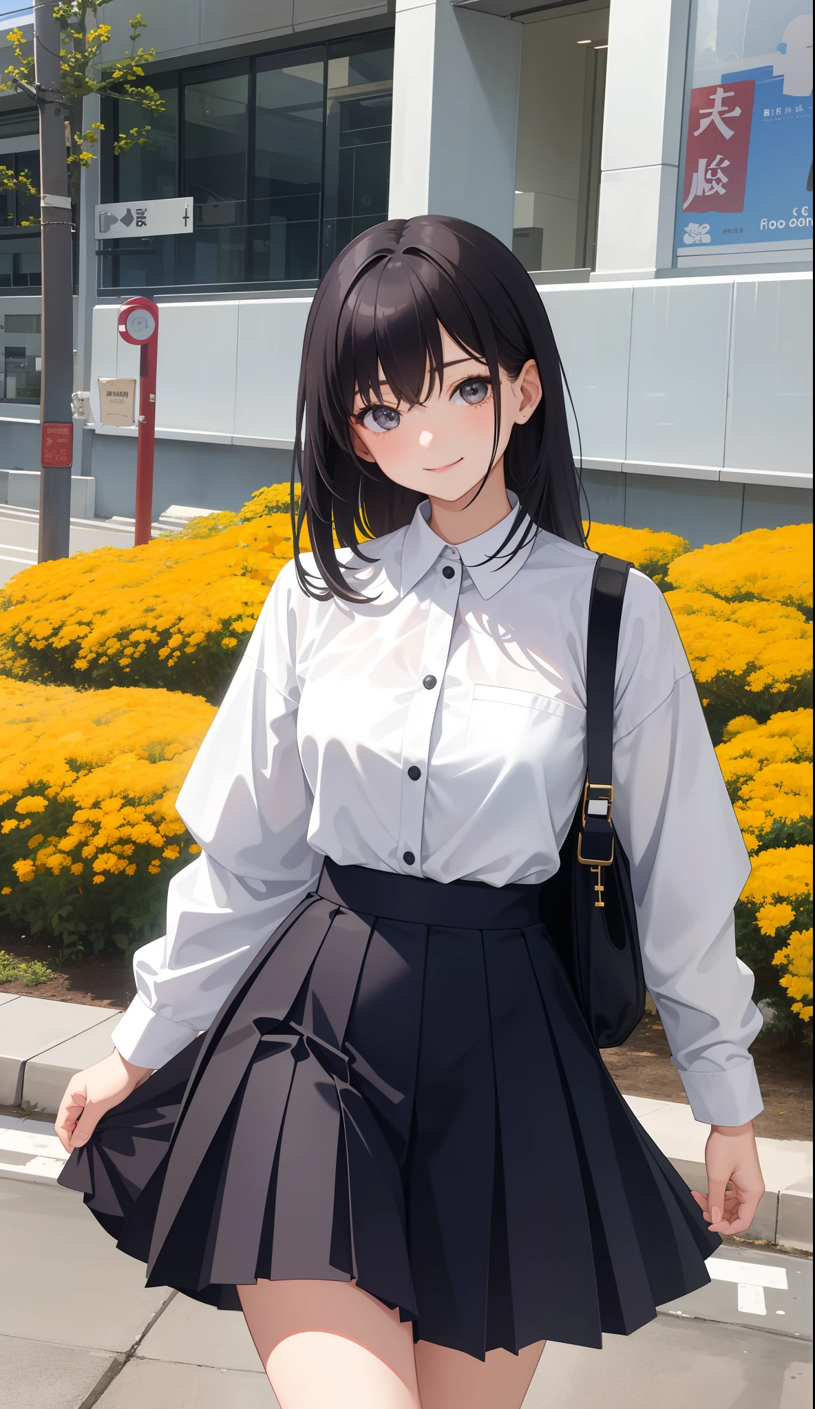 1girl in、AS-Adult、A smile、The shirt、skirt by the、(small tits)、Walking with a thigh、Upper body portrait、