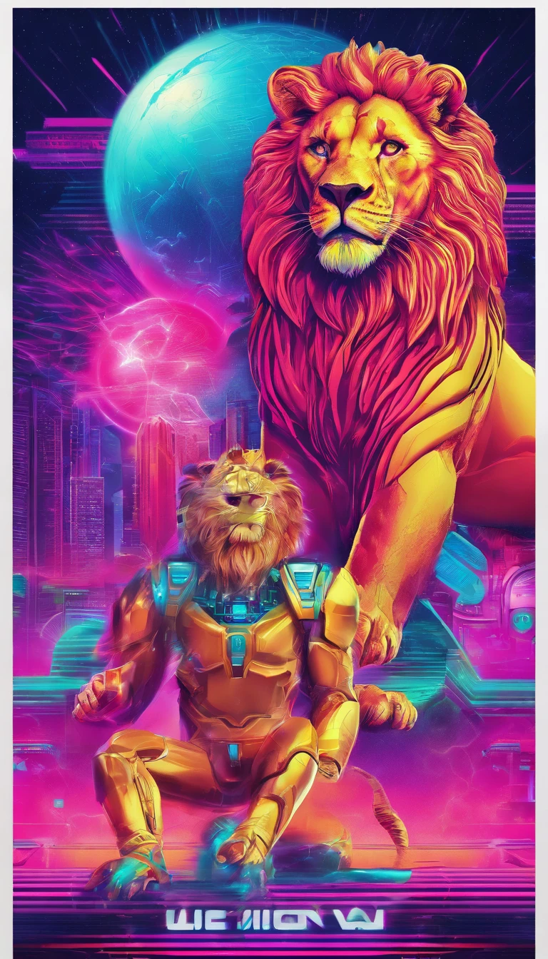 cyborg lion movie poster and t-shirt illustration cyberpunk epic VIBRANT ART cyborg lion futuristic armour, a lion  dressed in a suit and tie with a disco ball, wearing disco suit, 8 0's style tomasz alen kopera, poster in 8 0 s style, synthwave style, 8 0 - s style poster, synthwave art style ]!!, inspired by Mike Winkelmann, synthwave art style, synthwave art, king of the jungle