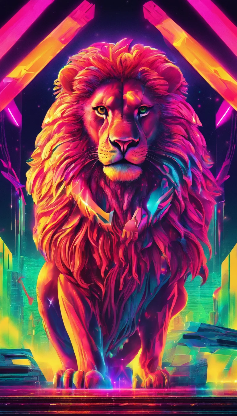 cyborg lion movie poster and t-shirt illustration cyberpunk epic VIBRANT ART cyborg lion futuristic armour, a lion  dressed in a suit and tie with a disco ball, wearing disco suit, 8 0's style tomasz alen kopera, poster in 8 0 s style, synthwave style, 8 0 - s style poster, synthwave art style ]!!, inspired by Mike Winkelmann, synthwave art style, synthwave art, king of the jungle