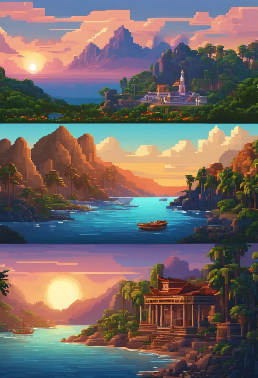 Pixel art tourist destination landscape. Evening. 3d pixel art 4k wallpaper. Incredible pixel art details. Pixel art. Steam waves. Detailed unreal engine pixel art,