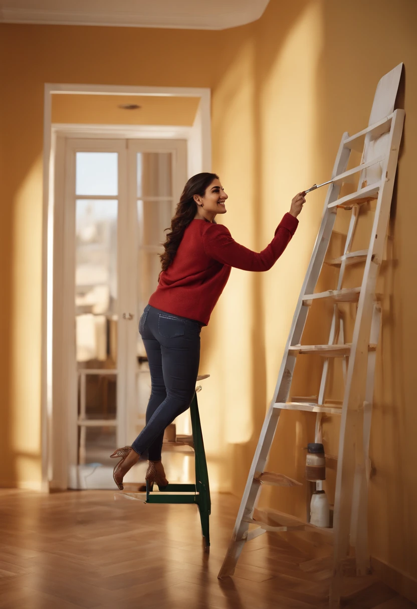 A young turkish female interior designer standing on a ladder, painting a wall in a client's home. She is smiling and looking down at the client, who is standing nearby, holding a paint swatch. The image is in high definition and ultra realistic, with every detail of the designer's clothing, the paint on the ladder, and the client's facial expression clear to see. mehwish hayat