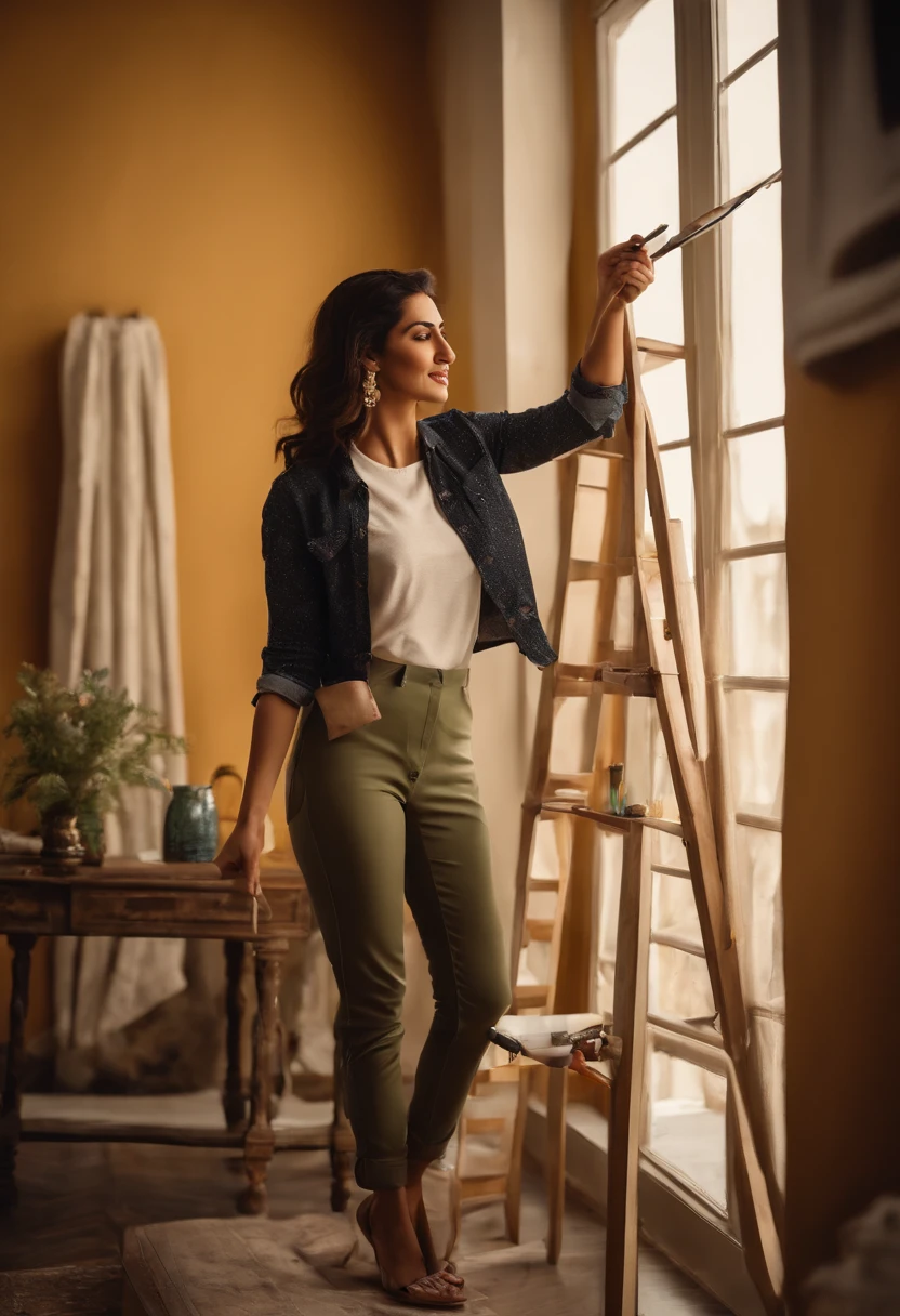 A young  turkish female interior designer standing on a ladder, painting a wall in a client's home. She is smiling and looking down at the client, who is standing nearby, holding a paint swatch. The image is in high definition and ultra realistic, with every detail of the designer's clothing, the paint on the ladder, and the client's facial expression clear to see. mehwish hayat
