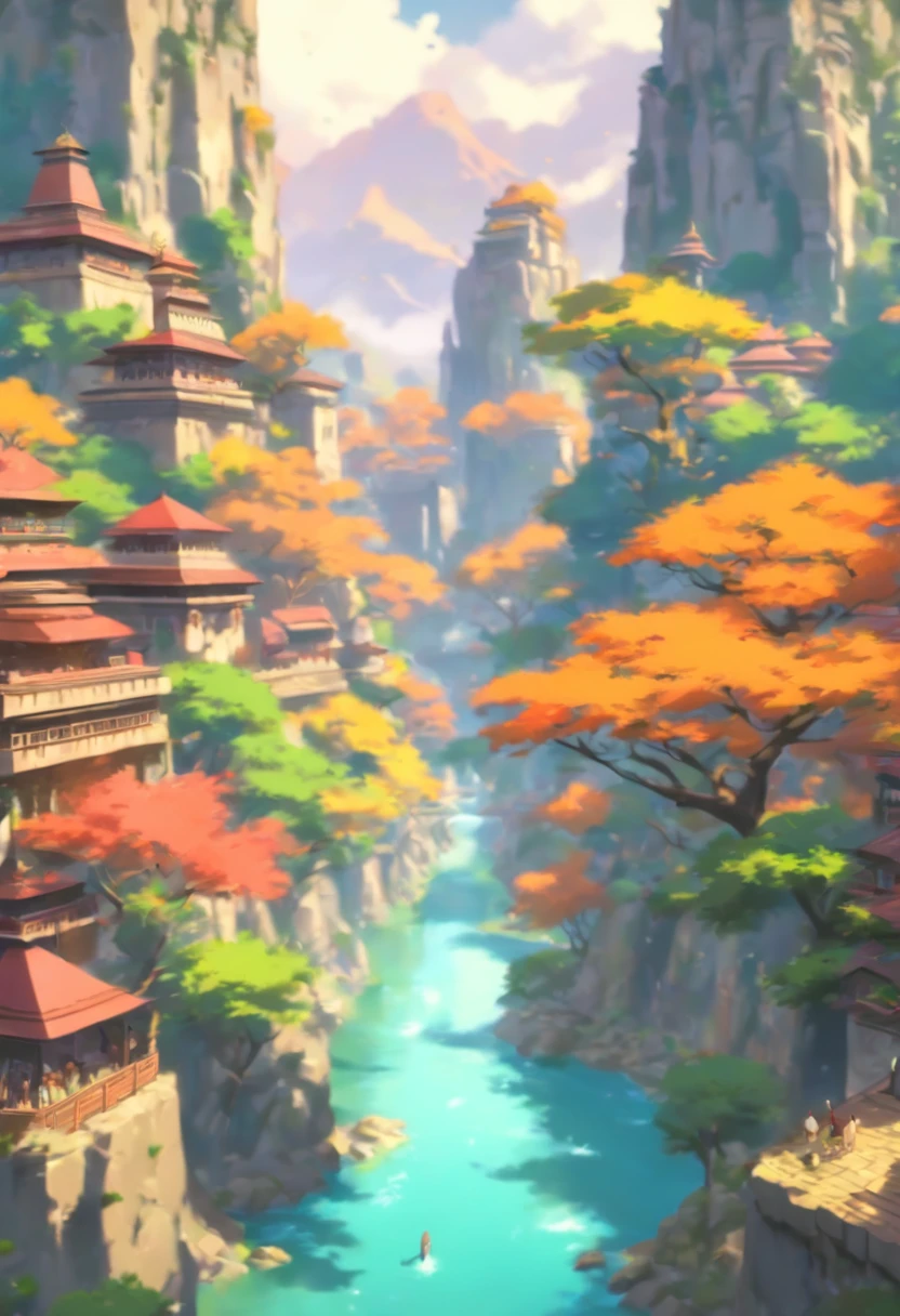 (((Indian city))) best quality, ultra-high resolution, 4K detailed CG, masterpiece,Hindu style, Hindu god,Indian city,trees,Hindu mythology,river,stream,stones,aesthetics,beautiful image, centered on the screen
