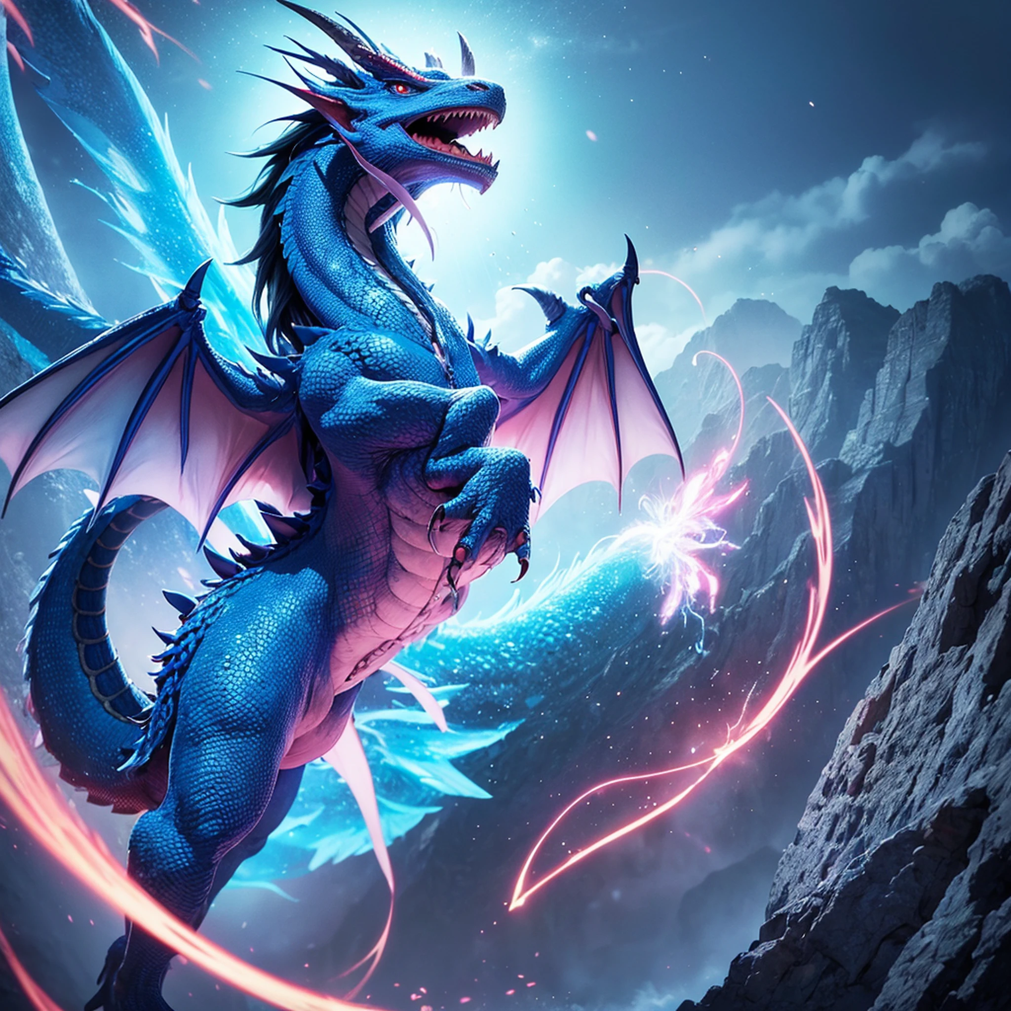 "An awe-inspiring blue dragon glides gracefully through vivid neon clouds, Surrounded by a magical aura of fairy dust. Experience a hyper-realistic cinematic journey reminiscent of the enchanting environment of Narnia, Portrayed in breathtaking 12K resolution. Witness the majestic presence of the dragon as it exhales a powerful breath of fire, Leaving a trail of awe and awe all over the picture."