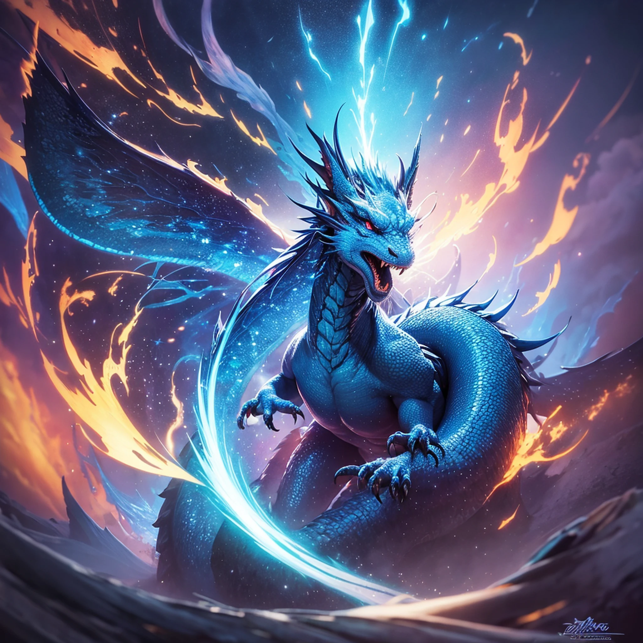 "An awe-inspiring blue dragon glides gracefully through vivid neon clouds, Surrounded by a magical aura of fairy dust. Experience a hyper-realistic cinematic journey reminiscent of the enchanting environment of Narnia, Portrayed in breathtaking 12K resolution. Witness the majestic presence of the dragon as it exhales a powerful breath of fire, Leaving a trail of awe and awe all over the picture."