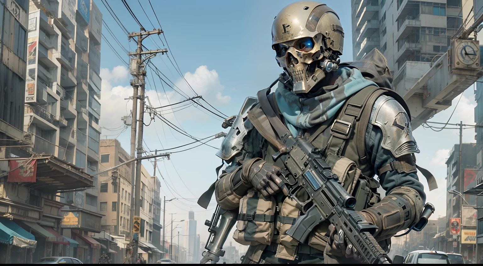 skeleton in tactical gear in a post apocalyptic city, in the style of graphic novel style, colorized, robert kirkman, perspective rendering, sky - blue and bronze, fine and detailed --s 750 --v 5.2 --style raw