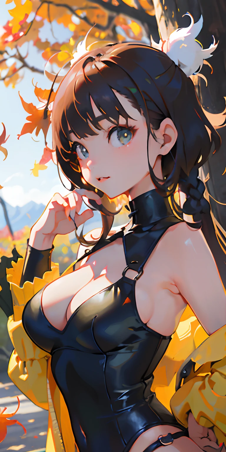 realisticlying、girl with、Outdoor Fashion、Autumn leaves Autumn leaves、Beautiful ginkgo tree、Slightly larger breasts and emphasis on cleavage、Sexy Posing、Nature views