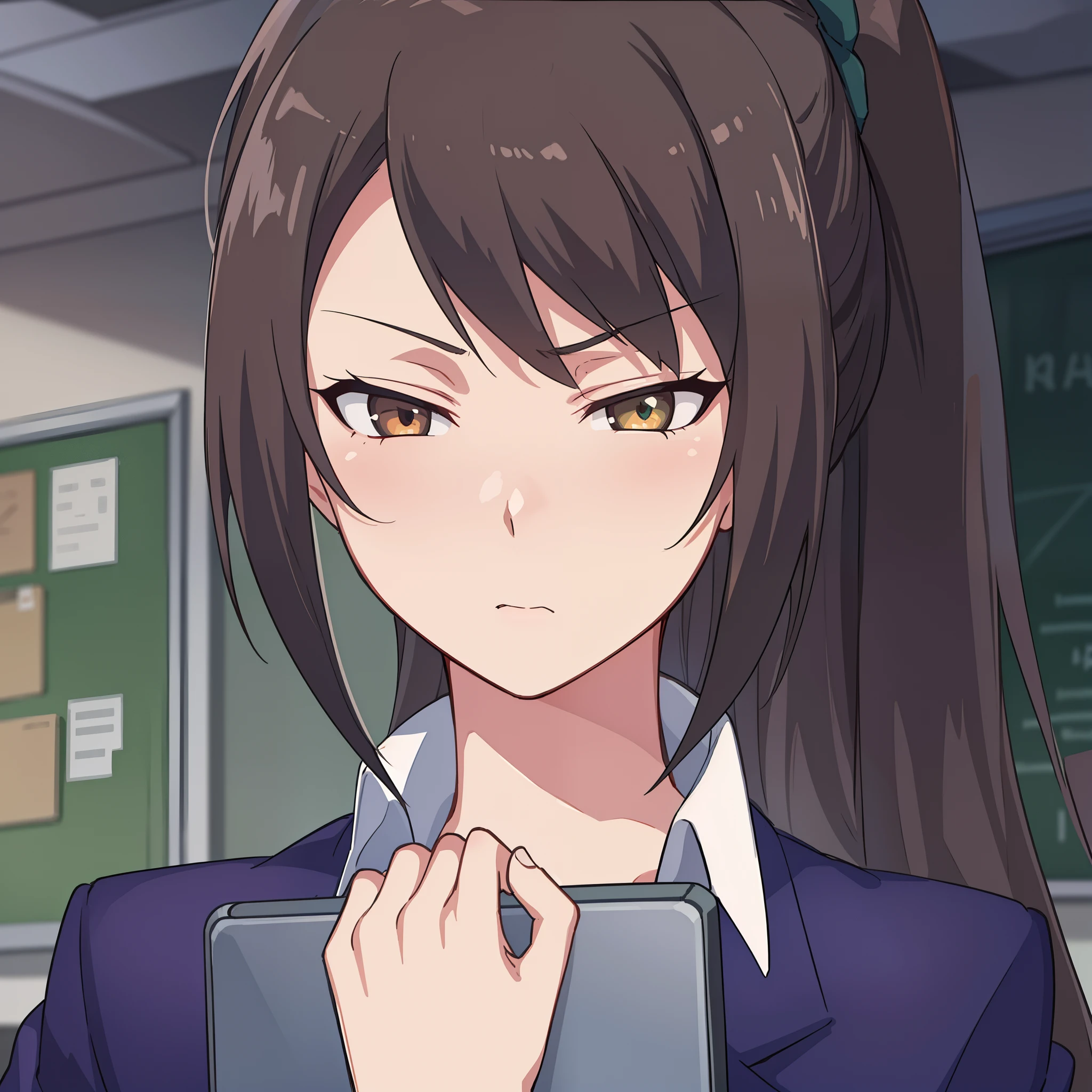 hiquality, tmasterpiece (one girls) grey blazer with white shirt. Tablet in hand. indifferent face. amber eyes. brown hair with a long ponytail. On the background of a school room with a green blackboard