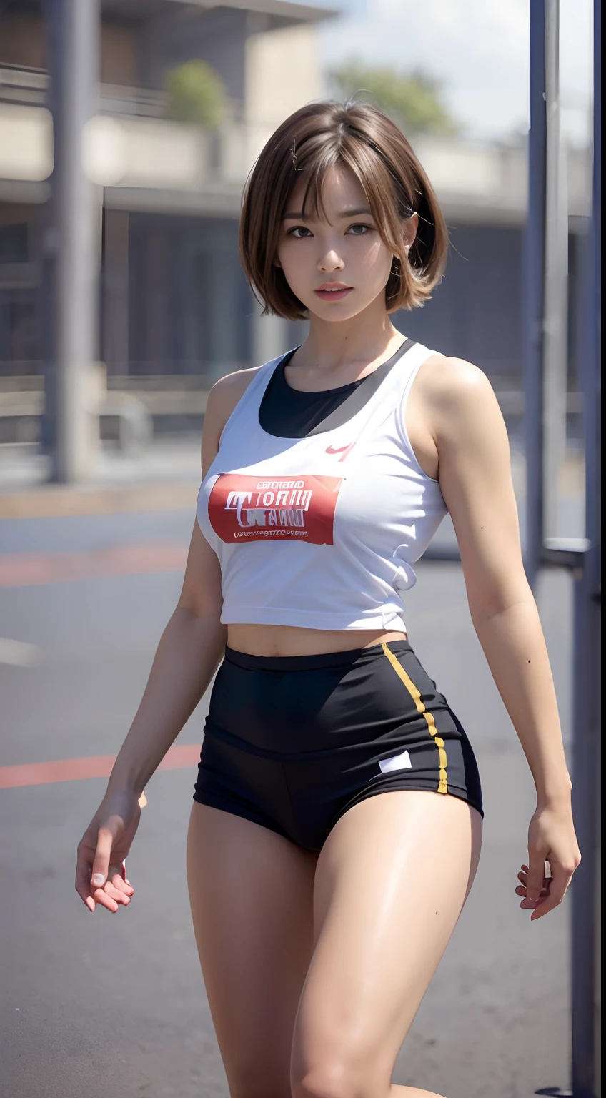 (Best Quality,16 K,hight resolution,masutepiece:1.2),Ultra-detailed,(Realistic,Photorealistic,Photorealsitic:1.37), Athletic Runner, Beautiful High School Girl, Medium bob hair, stunning light brown hair, glowing light brown eyes, curvy figure, track and field, Navel Ejection, Blushing, Sweat, Bright sunlight, Looking at the camera,