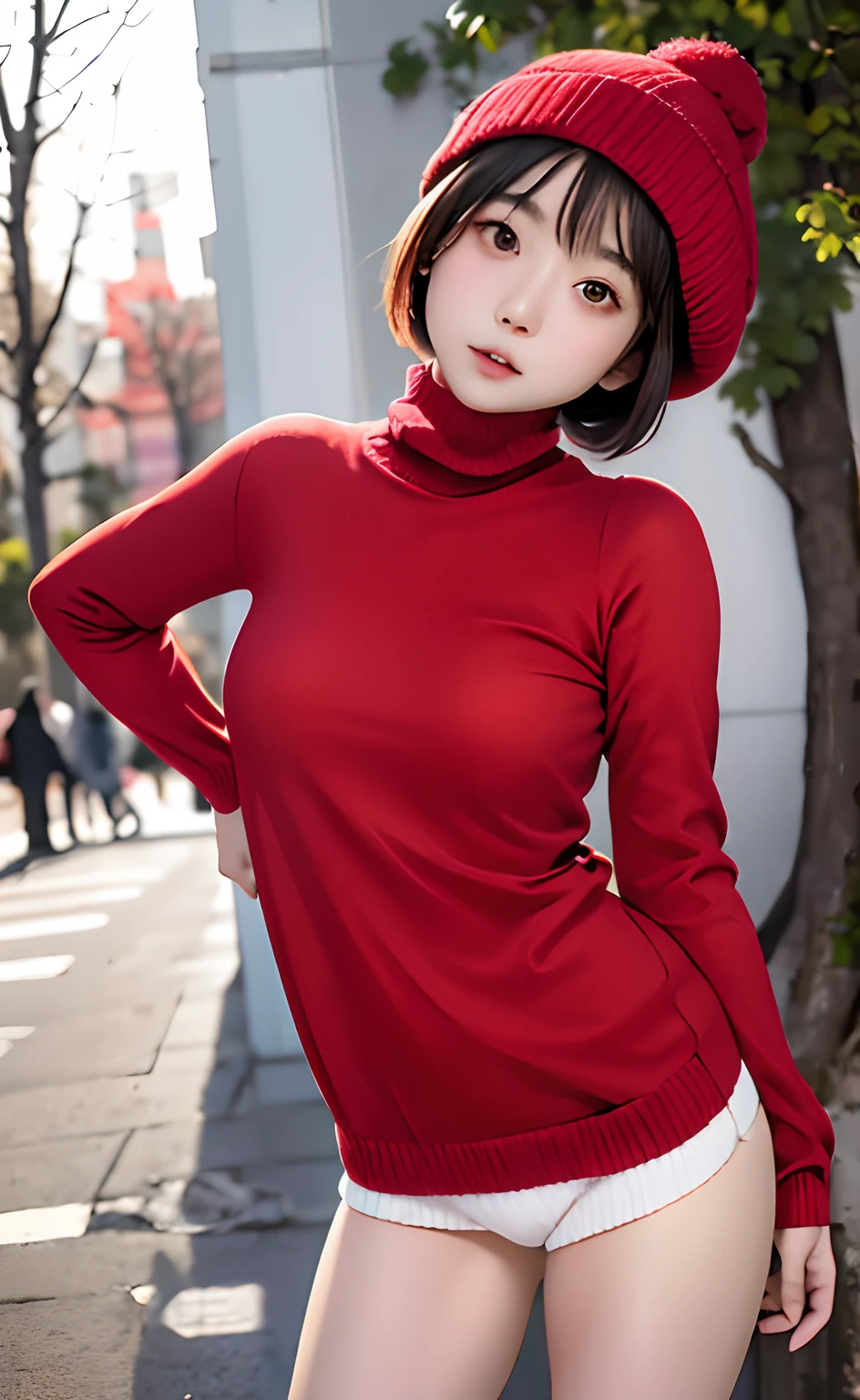 masutepiece:1.2, High quality, Best Quality, High resolution, Hyper realistic, girl with, a short bob，hair messy, Light gray eyes,Infinitely clear eyes，sixteen years old，High neck inner，Red knitted hat，muffler，Standing，Head tilt, Sunset, plein air，Autumn Park:1.5，blurry backround, Portrait,Natural look, (Detailed face), ((foco nítido)), ((Face)), The upper part of the body_Body