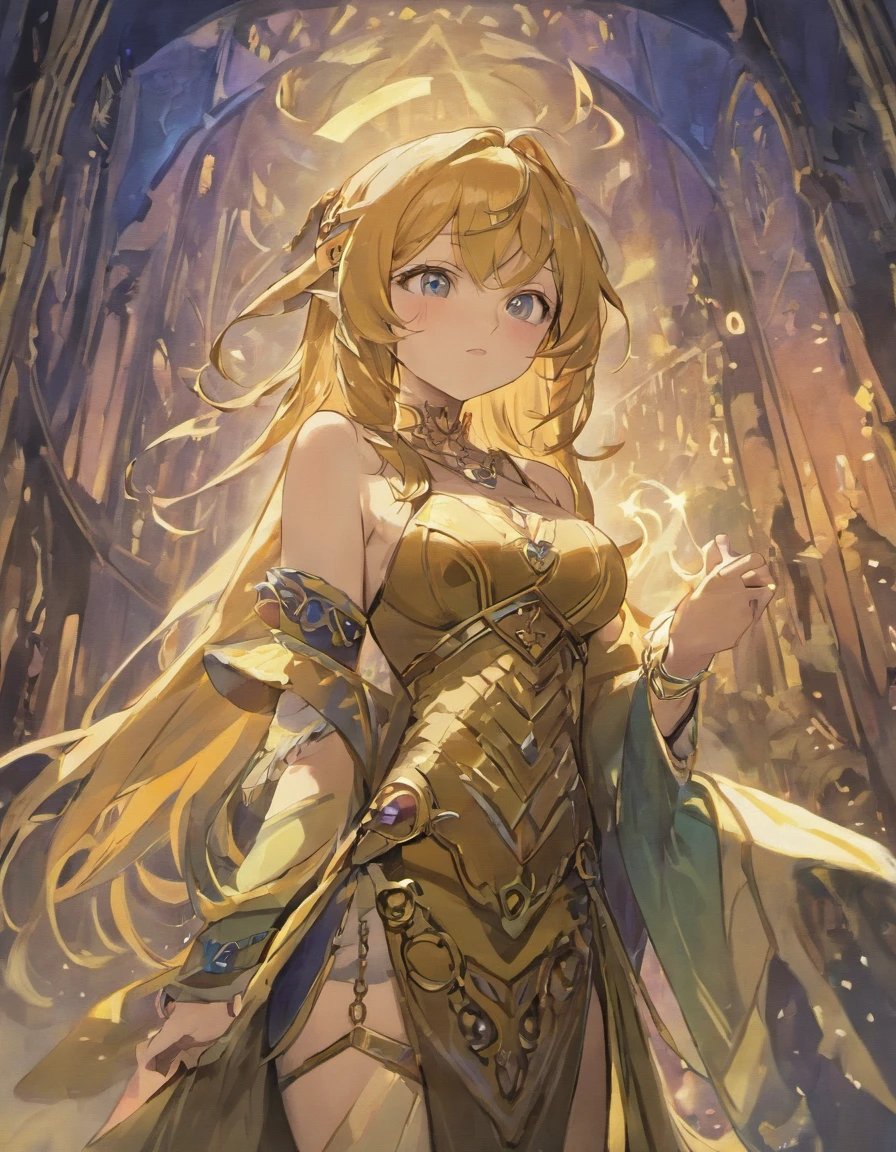 Elven Woman, a Bard with a pan flute hanging like a necklace around her neck, Woman of medium height with long hair, dark blond and with large breasts, with a tight leather pant, uma blusa branca e verde de pano e um arco pendurado nas costas, A road not much paved background, imagem frontal de corpo inteiro