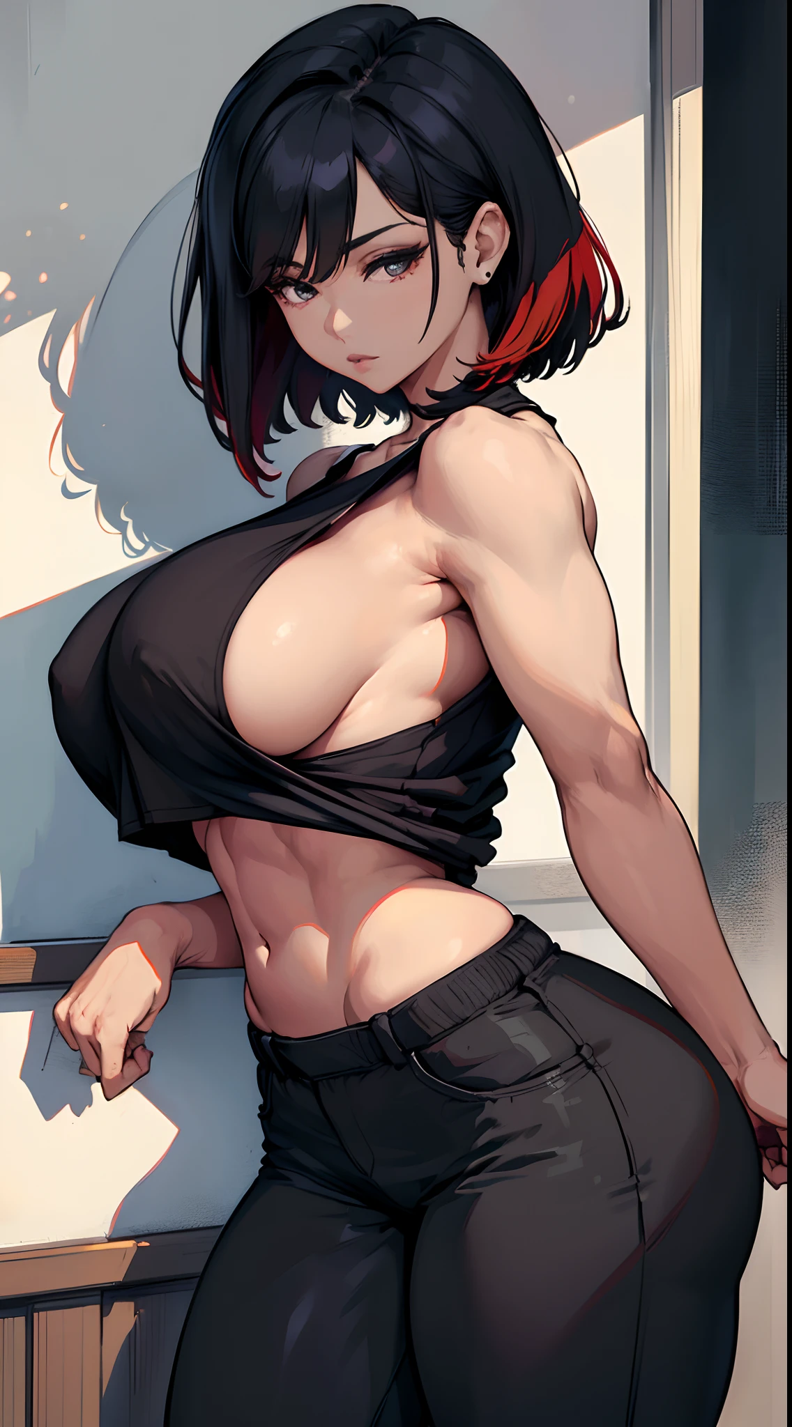 ((Best quality)), ((masterpiece)), (detailed: 1.4), beautiful woman, Asian, short black sleeveless t-shirt, black lag pants, black short hair with red locks, ink, (solo), realistic,((masterpiece)), (best quality), (detailed), (1 girl), large breasts, sexy, thicc