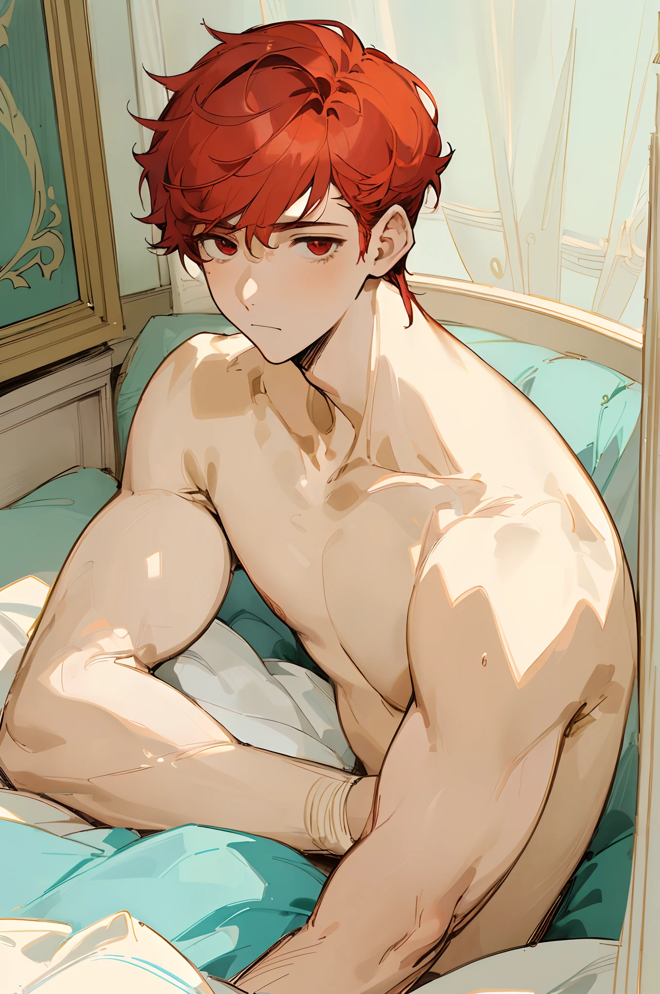 (masterpiece, best quality) detailed, 1Character , blue archive art style , pastel washed out colors , cell shade , soft, muted shades ,gentle colors , ((portrait of a young man), shirtless, lying on a bed), head resting on a pillow, (warm and cozy atmosphere, soft, muted colors, gentle light), lost deep in thought, gazing into the distance, (calm and peaceful expression, state of solitude and tranquility), tidy and well-kept room, personal belongings scattered around, (sense of familiarity and comfort, (vulnerability and openness, inviting the viewer into his inner world)), Handsome man , red hair , very Short hair, ((Ivy League Haircut:1)) , red eyes , light skin , ((muscular:1)),masculine ,age 33