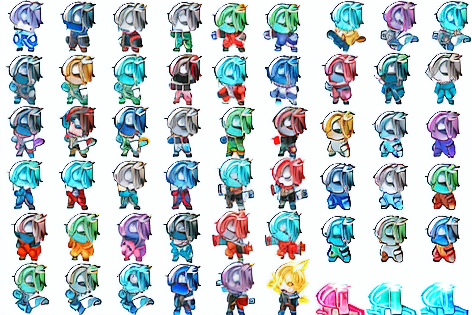 a close up of a bunch of anime characters with different expressions, folha de sprite, 2 d sprite, Spritesheet, 2 d Sprites, SPRITE 2 D, sprite visual novel, arte sprite, Conjunto de Sprites HD de alta qualidade, Sprites, Spritesheet vfx!!!!!, Sprite de corpo inteiro, Rimuru, Feito em fabricante de RPG, PSD Spritesheet, Light and dark blue color with lightning sparks coming out of the sprites and electric white eyes