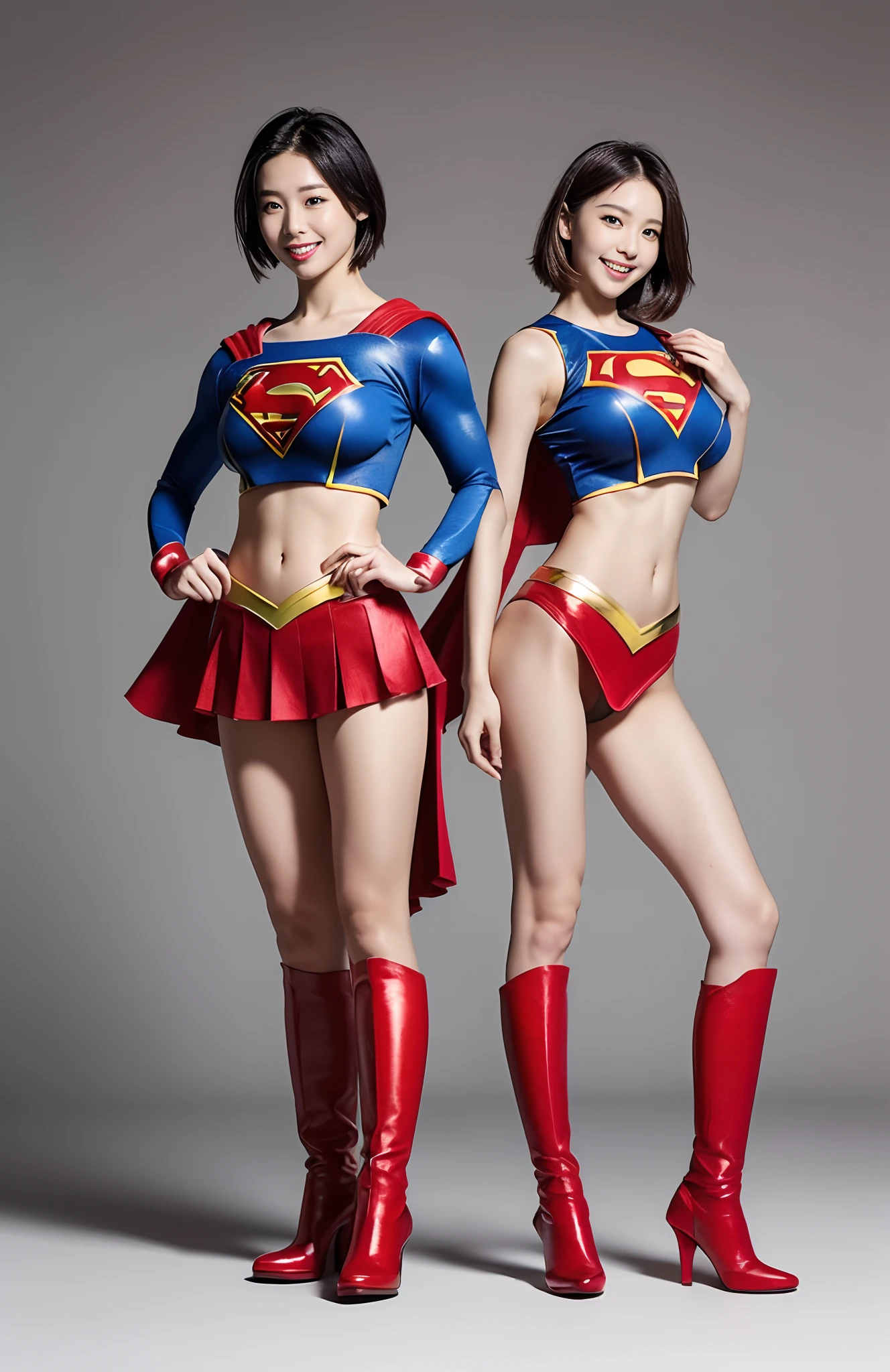 Be sure to wear black tights、(((Make the most of the original image)))、(((Supergirl Costume)))、(((shiny short hair)))、(((Suffering)))、(((Feet must necessarily be worn with black tights)))、(((Smile)))、(((You need to wear red boots)))、((Top image quality、8K))、((top-quality、8K、masterpiece:1.3))、(((Keep your background simple)))、Crisp focus:1.2、Beautiful woman with perfect body shape:1.4、Slender Abs:1.2、((layers-Cut、large boob:1.2))、a wet body:1.5、Highly detailed facial and skin texture、