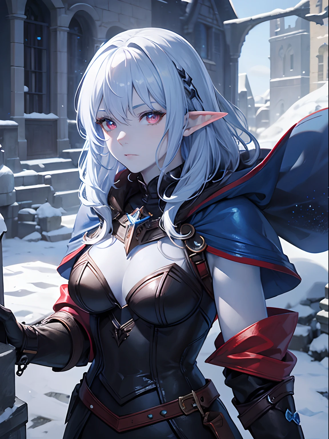 Close up, fantasy world, medieval city, stone city, snow, humanoid, elf, her skin is a blue skin color, blue skin colour, red eyes, short messy white hair, emotionless expression, black leather, red leather pieces, leather straps, red cloak, hood