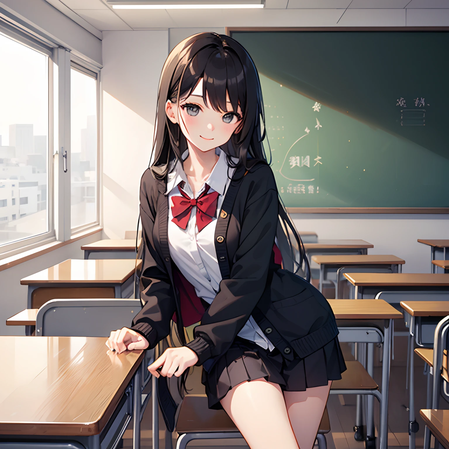 Ultra high resolution, 16k, ((masterpiece)), ((best quality))), ((super detailed)), a girl, long black hair, high school uniform, wide eyes, smile, in the classroom