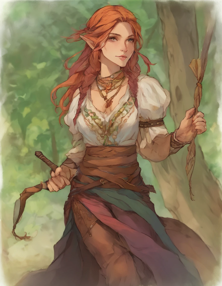 elven woman, a Bard with a pan flute hanging like a necklace around his neck, Average tall woman with long hair, loiro escuro e com seios grandes, with a tight leather pant, uma blusa branca e verde de pano e um arco pendurado nas costas, An unpaved side road, imagem frontal de corpo inteiro, Image with vibrant colors and a lot of intonation on the woman's body
