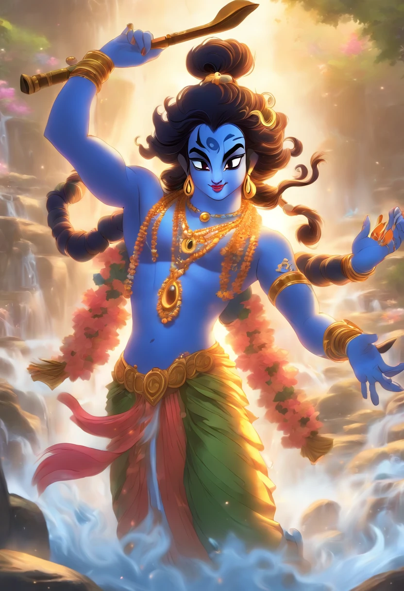 (((Krishna))) best quality, ultra-high resolution, 4K detailed CG, masterpiece, Hindu, Hindu god, riverbank, river, stream, rocks, aesthetics, beautiful image, screen-centric, full body ,standing