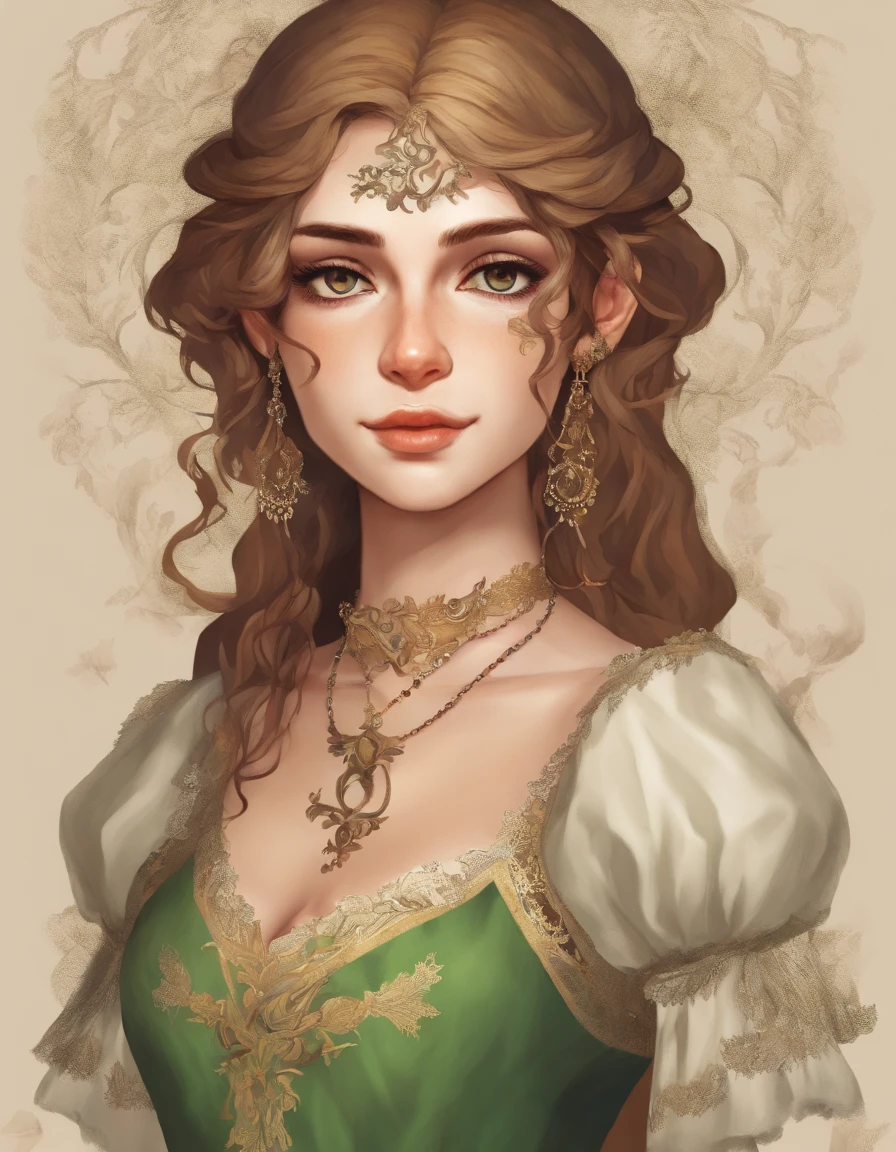 elven woman, a Bard with a pan flute hanging like a necklace around his neck, Average tall woman with long hair, loiro escuro e com seios grandes, with a tight leather pant, uma blusa branca e verde de pano e um arco pendurado nas costas, An unpaved side road((arte conceitual do personagem)), desenho de caracteres de corpo inteiro, High definition, melhor qualidade, ultra-detalhado, extremamente delicado, anatomicamente correto, symmetrical face, olhos e rosto extremamente detalhados, olhos de alta qualidade, criatividade, Foto RAW, UHD, 8k, professional lighting, (master part:1.5)