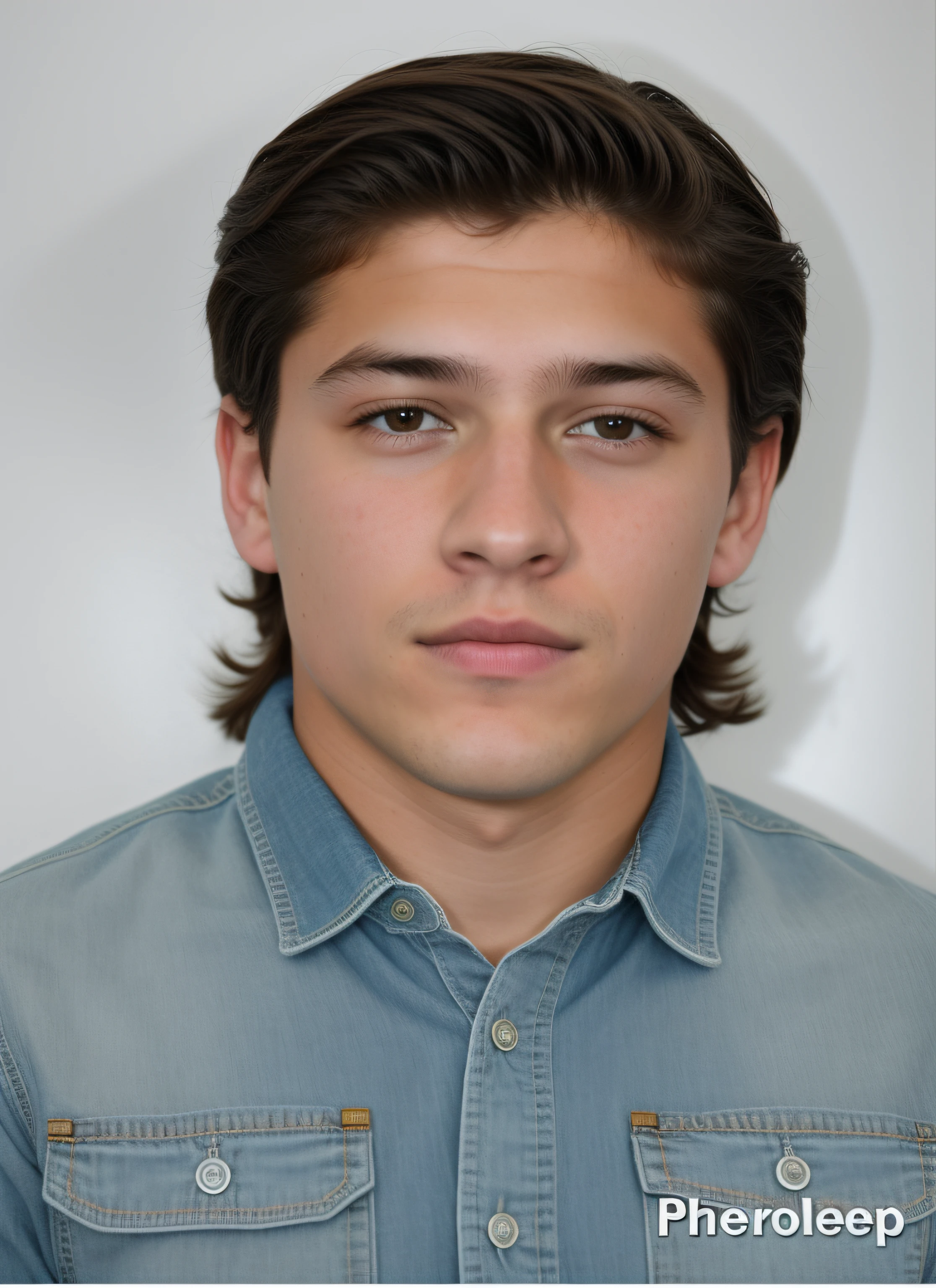 Joven de pelo largo y camisa azul, Se parece a Tye Sheridan, Cara realista, Retrato de estudio realista, Foto de retrato realista, adolescente hiperrealista, Retrato de ultra realista, Renderizado Maxwell, Arnold Maya render, imagen realista, Retrato fotorrealista, Retrato realista, Retrato fotorrealista, Render semi - realista, Retrato VFX altamente detallado de