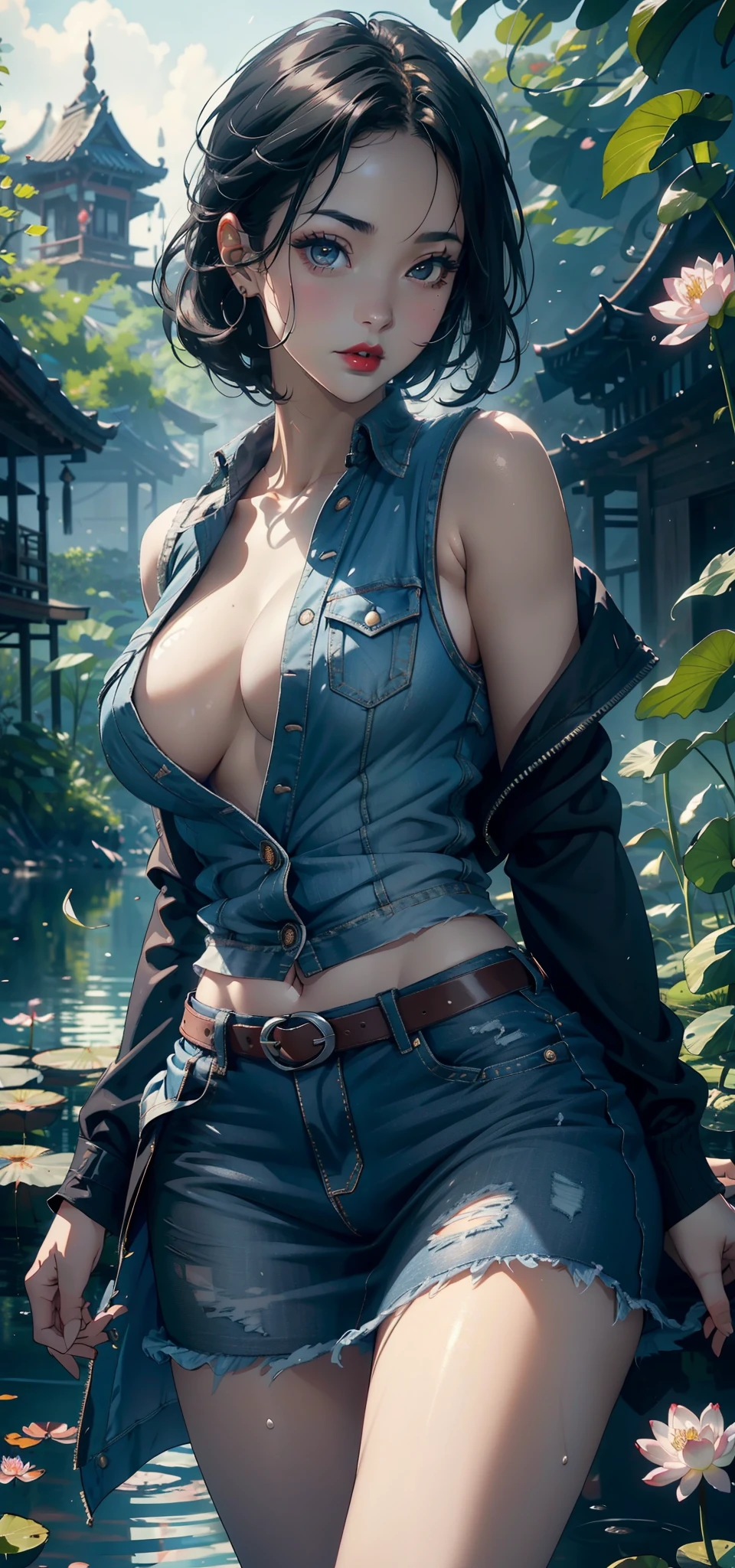(Background with:ponds,Cherry blossom forest,lotus flower)Lie underwater, She has short black hair,seen from the front,, mostly cloudy sky,(((tmasterpiece),(Very detailed CG unity 8K wallpaper),best qualtiy,cinmatic lighting,detailed back ground,beatiful detailed eyes,Bright pupils,Black eyes,Snow-whiteskin,Redlip(Very fine and beautiful),(Beautiful and detailed eye description),ultra - detailed,tmasterpiece,))facing at camera,A high resolution,ultra - detailed),revealing breasts,Bare genitalia, Bulge,legs are open,Raised sexy,Camel toes,Desire for dissatisfaction,frontage,(Wearing :耳Nipple Ring, jewely, denim vest, Open vest, black pantyhoses, Black shirt, Denim skirt, Striped long sleeves, blue skirts,)