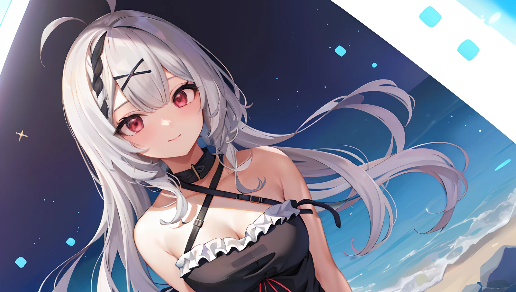 masterpiece, best quality, detailed, 1girl, long velvet dress, hair ribbon, gothic, serene expression, dark sky, star-print, frilled sleeves, red eyes, very long grey hair, vast mountains, darkness