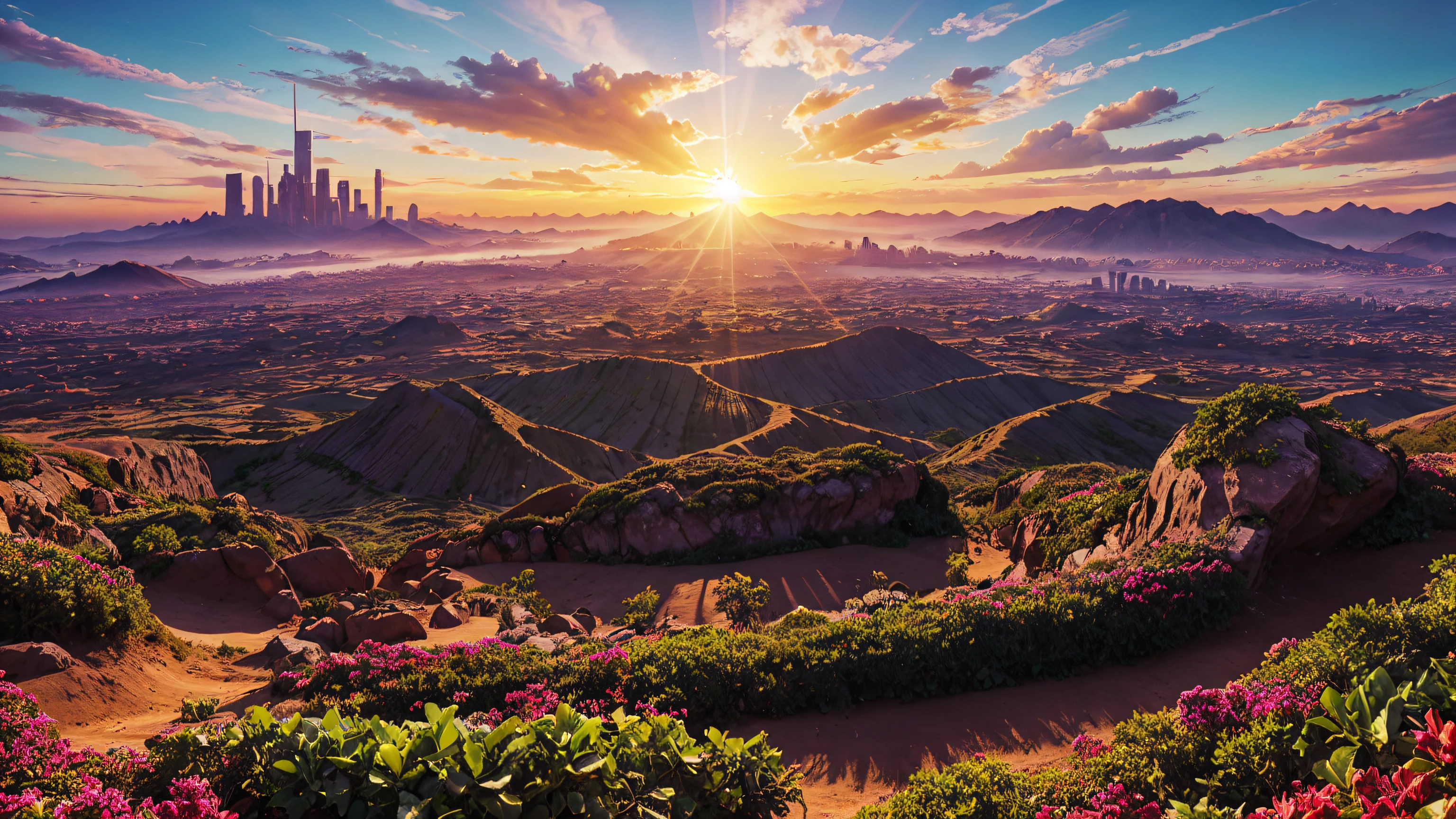 stunning scenery, surreal lighting, extremely extravagant lighting, vivid color, beautiful scenery, sun on the horizon, afternoon, vegetacion, futuristic city in the background
