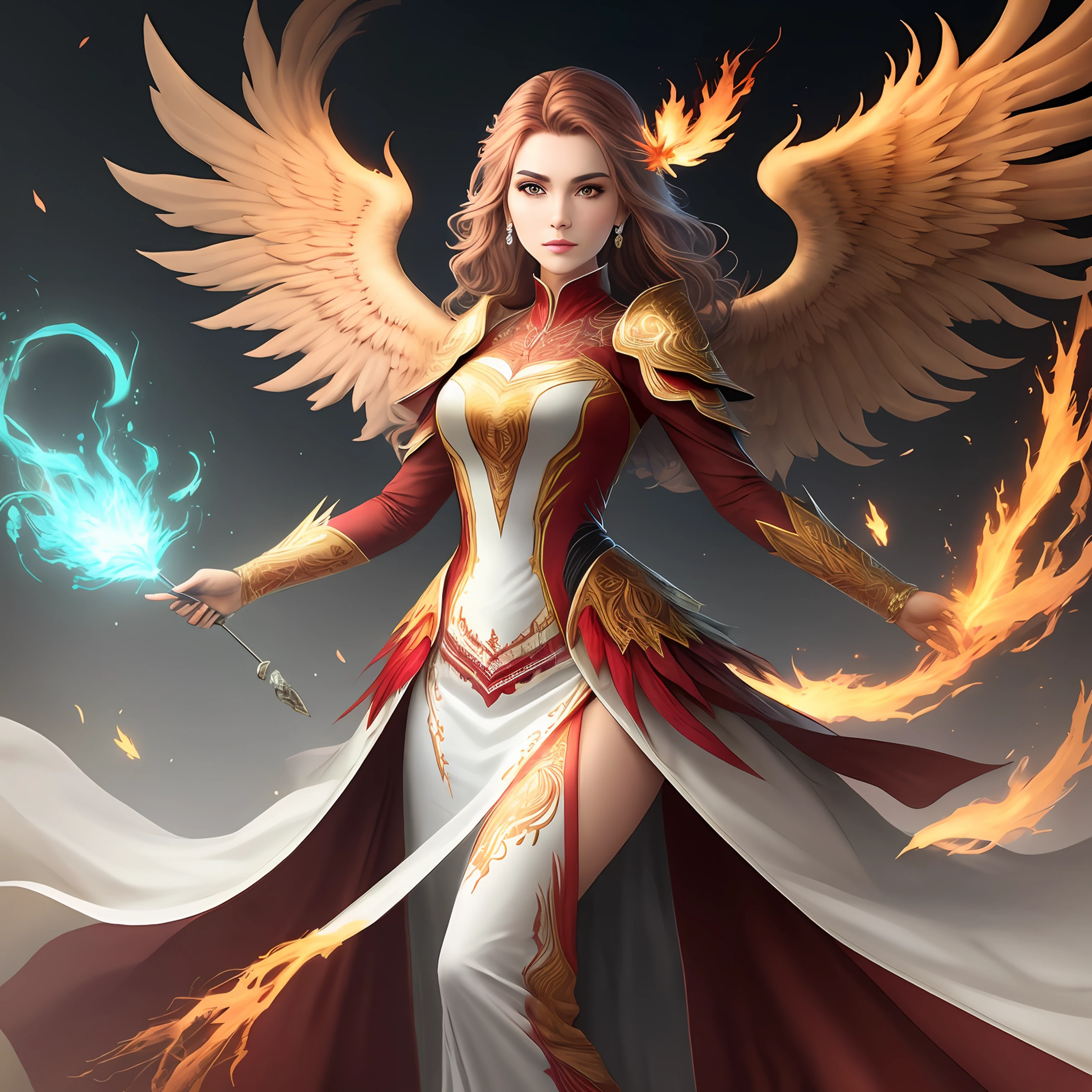 Design a dress with phoenix elements, light color, heavy embroidery process, super clear, super detailed