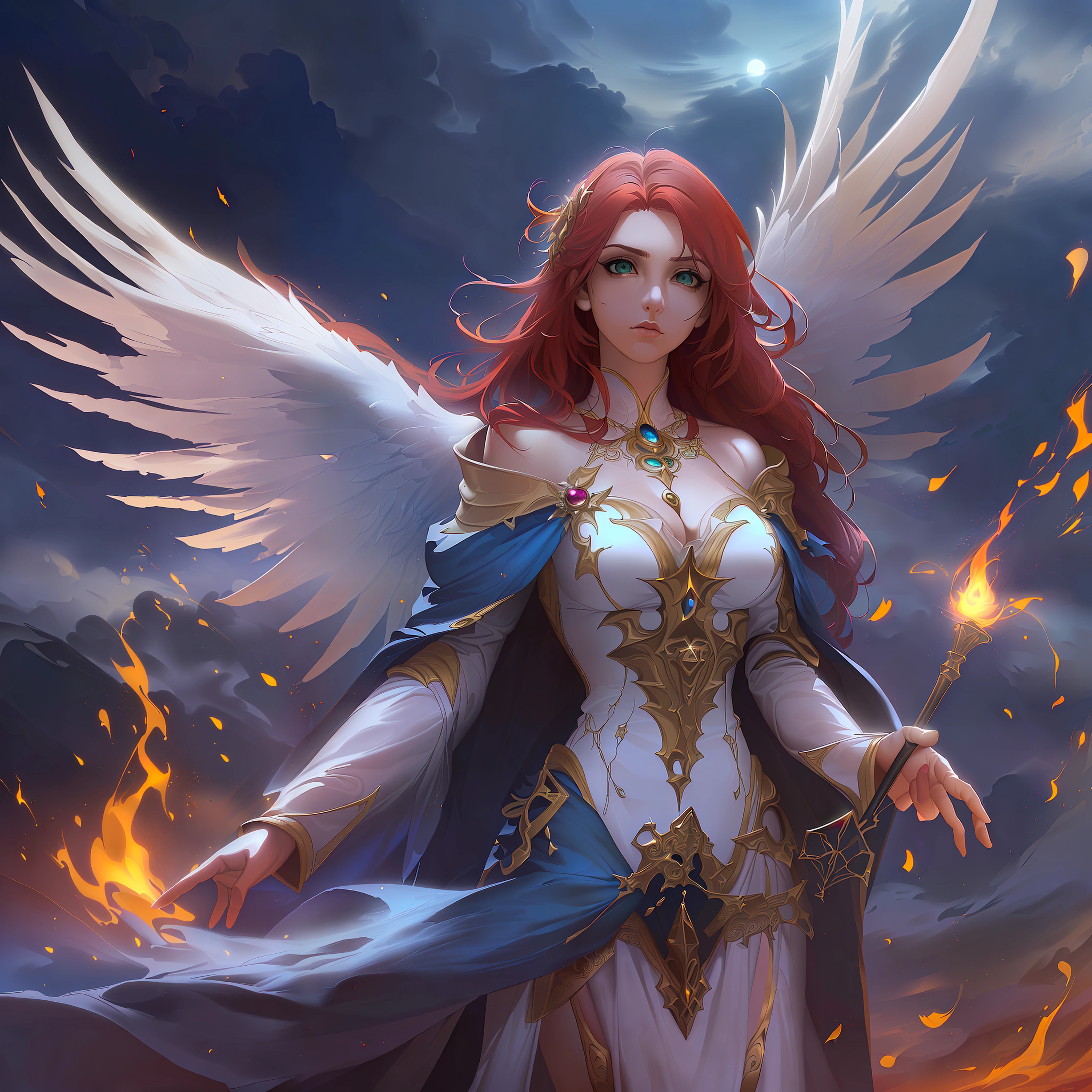 8k, ultra detailed, masterpiece, best quality, (extremely detailed), arafed, dnd art, panoramic view, full body, aasimar sorceress casting a flaming spell, aasimar, female, (Masterpiece 1.3, intense details), female, sorceress, casting flaming spell (Masterpiece 1.3, intense details) large angelic wings, azure angelic wings spread (Masterpiece 1.3, intense details), fantasy magical background (Masterpiece 1.5, intense details), moon, stars, clouds, wearing white robe, purple cloak, flowing robe (Masterpiece 1.3, intense details), high heeled boots (Masterpiece 1.3, intense details), armed with staff, red hair, green eyes, intense eyes, feminine, ultra detailed face, (Masterpiece 1.5, best quality), anatomically correct (Masterpiece 1.3, intense details), determined face, divine light, cinematic lighting, soft light, silhouette, photorealism, panoramic view (Masterpiece 1.3, intense details) , Wide-Angle, Ultra-Wide Angle, 8k, highres, best quality, high details