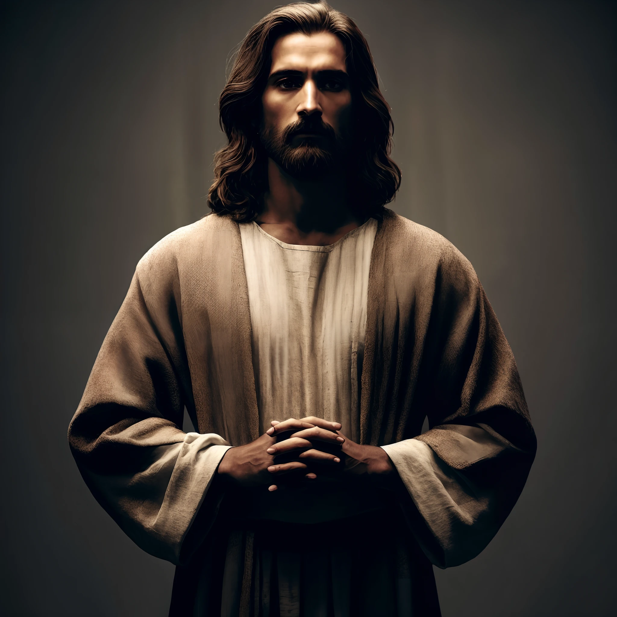 arafed image of a man dressed in a robe and holding his hands together, jesus christ, dressed like jesus christ, tron legacy jesus christ, portrait of jesus christ, tron legacy jesus, jesus of nazareth, jesus, greg olsen, jesus christ in mass effect, jesus face, the lord and savior, black jesus, nicodemus, gigachad jesus