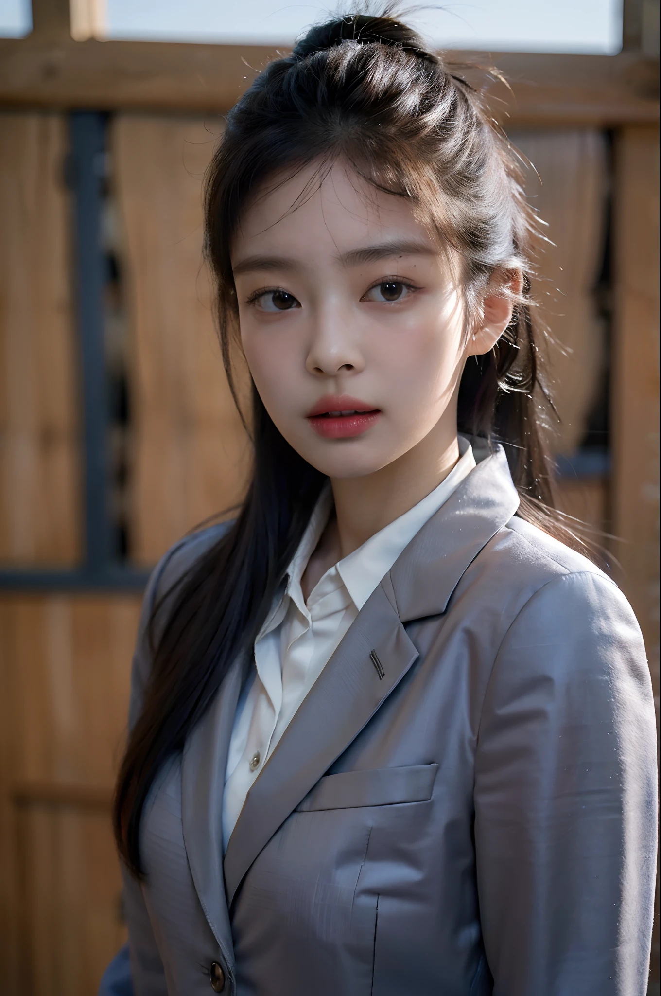 (best quality,4k,8k,highres,masterpiece:1.2),ultra-detailed,(realistic,photorealistic,photo-realistic:1.37)1girl,in the school,wearing school uniform, cool girl,wearing gray blazer, 17 years old girl, ethernal, beautiful detailed face, dark hair, beautiful detailed korean uniform school