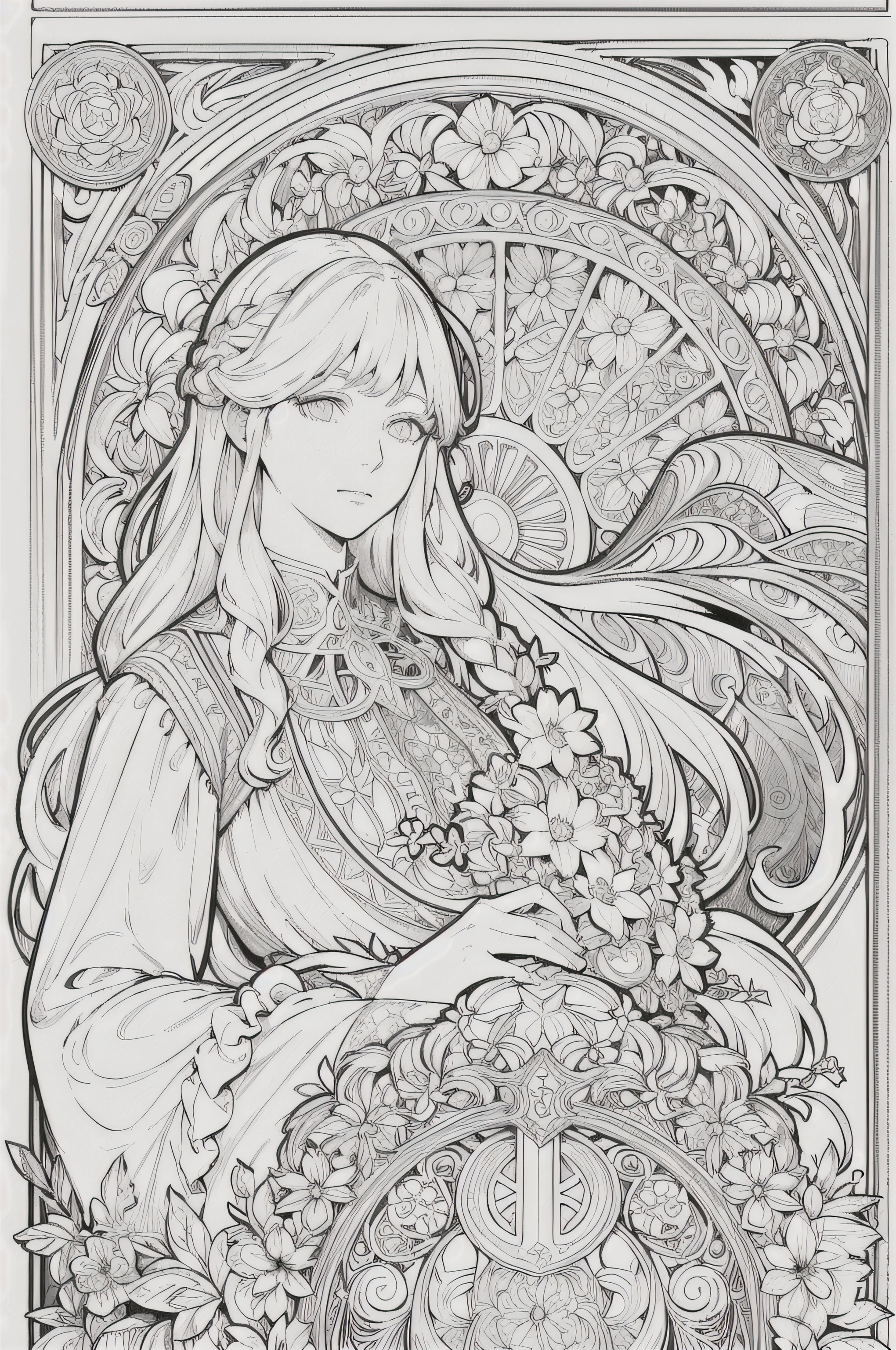 European women's face portrait, long curly hair, blonde, floral frame, decorative panel, abstract
Art by Alphonse Mucha, sketch, character lines and scenes without colors and shadows.
(Masterpiece, Best Quality, Highres:1.4), Detailed, Intricate Details, 4K, color splashes, line art, fibonacci,