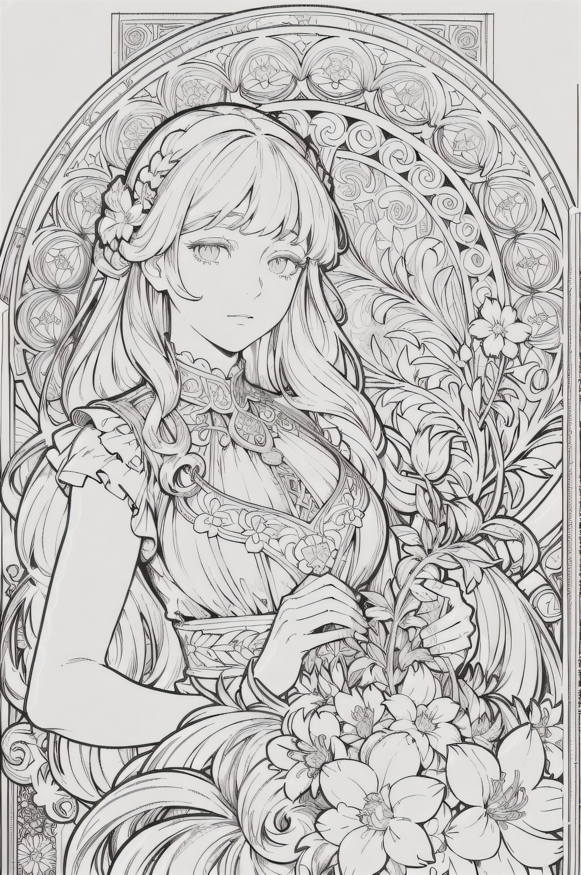 European women's face portrait, long curly hair, blonde, floral frame, decorative panel, abstract
Art by Alphonse Mucha, sketch, character lines and scenes without colors and shadows.
(Masterpiece, Best Quality, Highres:1.4), Detailed, Intricate Details, 4K, color splashes, line art, fibonacci,