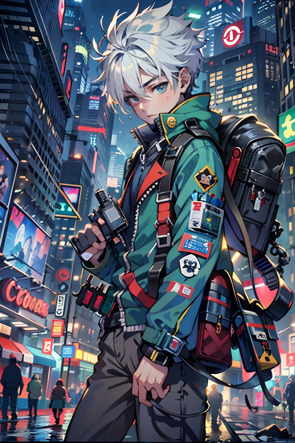 1boy,(15 years old boy:1.5)、Anime-style protagonist、Cyberpunk Boy、Colorful clothing、silber hair、Spiky hairstyle、machine gun、pistol、Whole body bloody、Shot from the knee up、The beginning of the adventure、Lots of clouds,heavy fog、Big Moon、Lightning、Chaotic city of the future、dystopian、A group of very tall skyscrapers stands in the center、Very complex cityscape,Crowded Chinese skyscrapers、Tall radio tower、Trees、street signs、streetlights、taxis、buses、Train、Warm lighting,Dark road、puddles、Chaotic、Beautiful and fantastic scenery、Cinematic scenery、hightquality、masutepiece,in 8K、hight resolution、