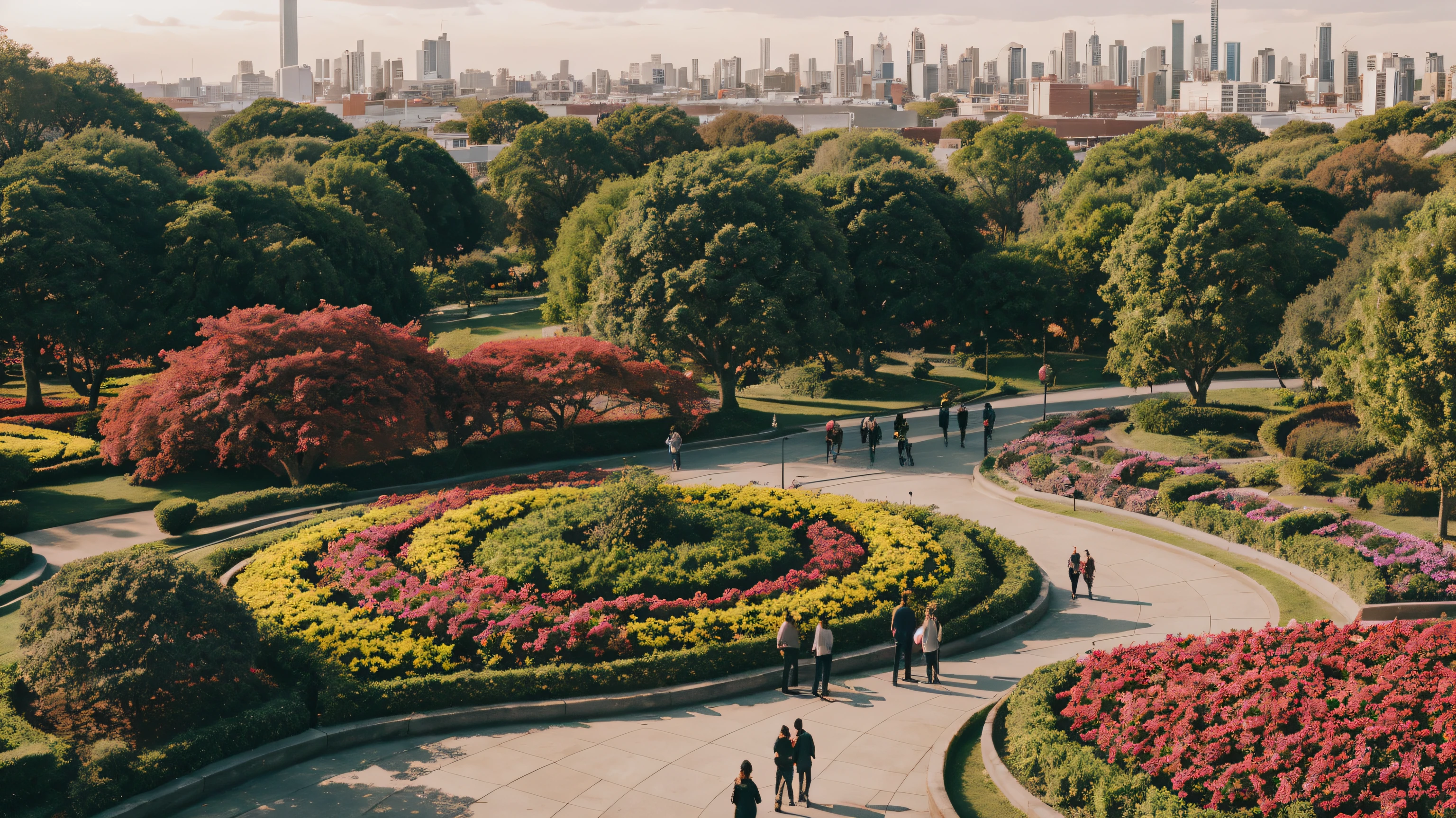 stunning scenery, surreal lighting, extremely extravagant lighting, vivid color, beautiful scenery, urban park, afternoon, vegetacion, natural, peoples in the background
