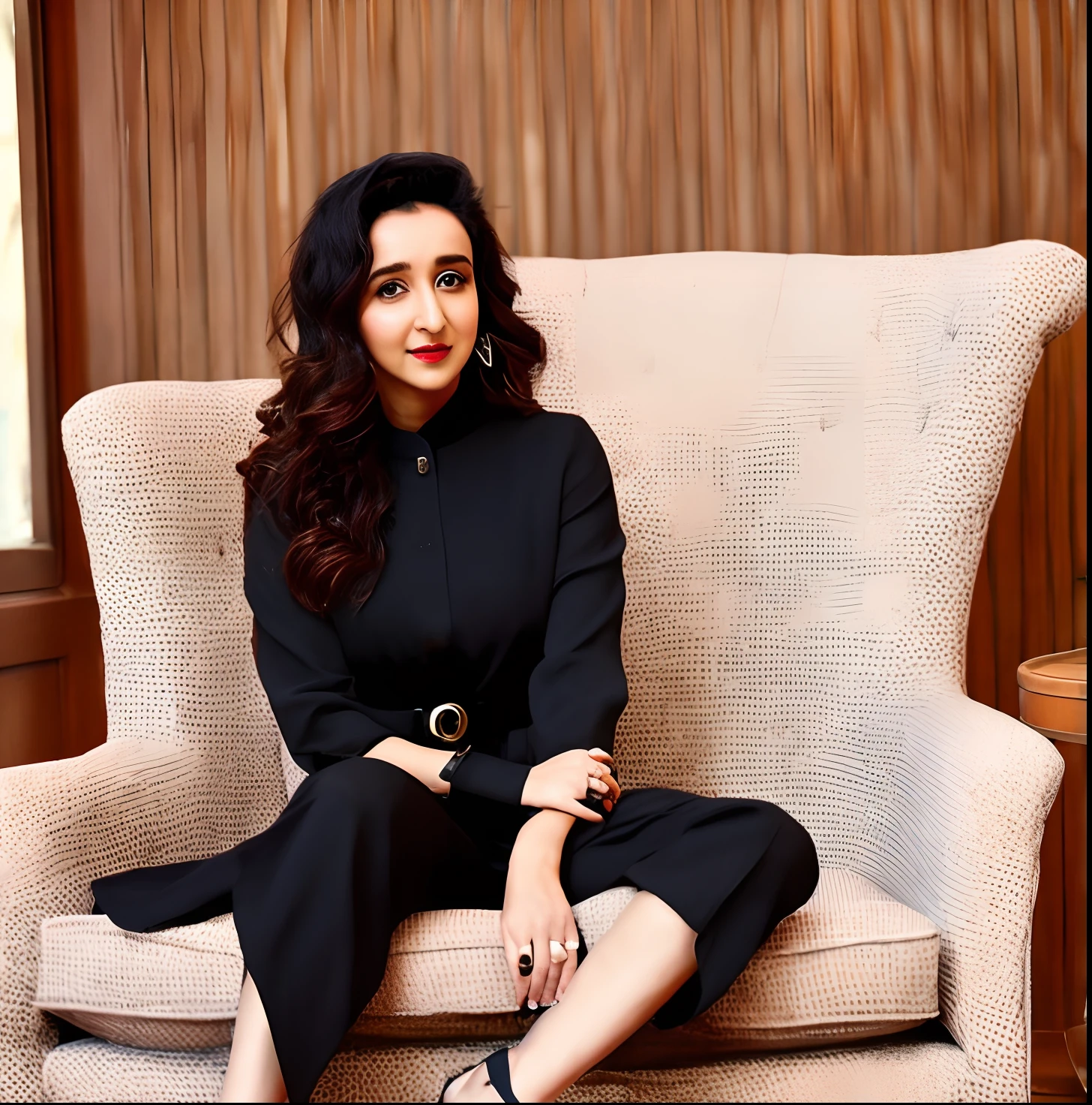 An elegant lady who is shraddha kapoor a bollywood actress is in a tailored black outfit, her face illuminated by the light, sitting in an armchair, Straight hair, seductive look, with serious expression, an important woman, business, company owner, love advisor