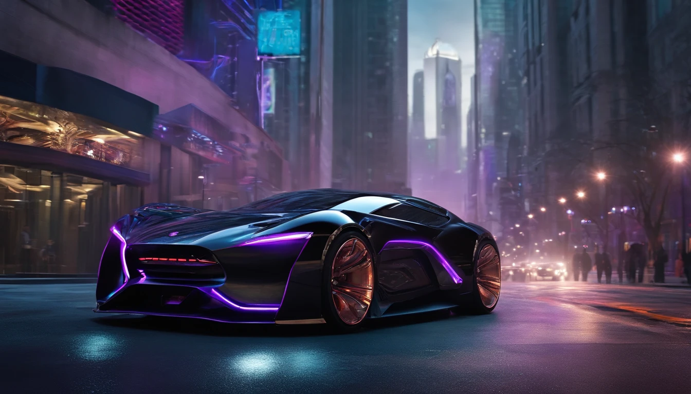 A sleek and beautiful Black sports car is parked in the middle of the road, skyscrapers in the background, wide body car, prominent high rear wing, prominent quad tip exhaust, large wheels, glowing purple wheel rims, a man in an open jacket leans against the car. The man is texting on his phone, cyberpunk 2077, biomechanical human, cybernetic arms, digital right eye.