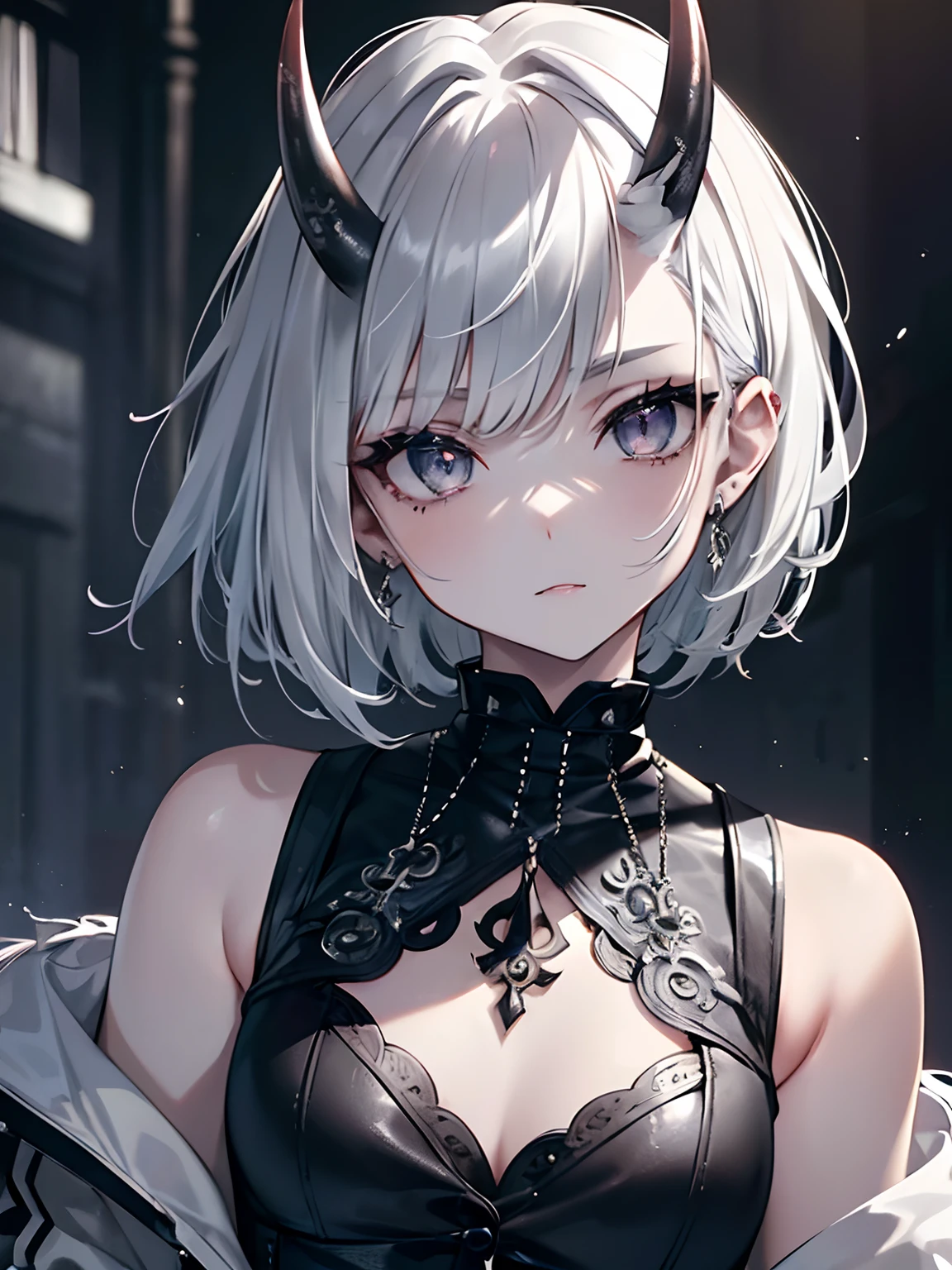 (masterpiece,best quality,ultra-detailed),1girl,white and silver and grey hair,short hair,(messy hairstyle),oni horns,gothic punk fashion, beautiful and detailed face, detailed eyes,(grey theme),looking at viewer,top,jacket,small chest,dust particles in the background
