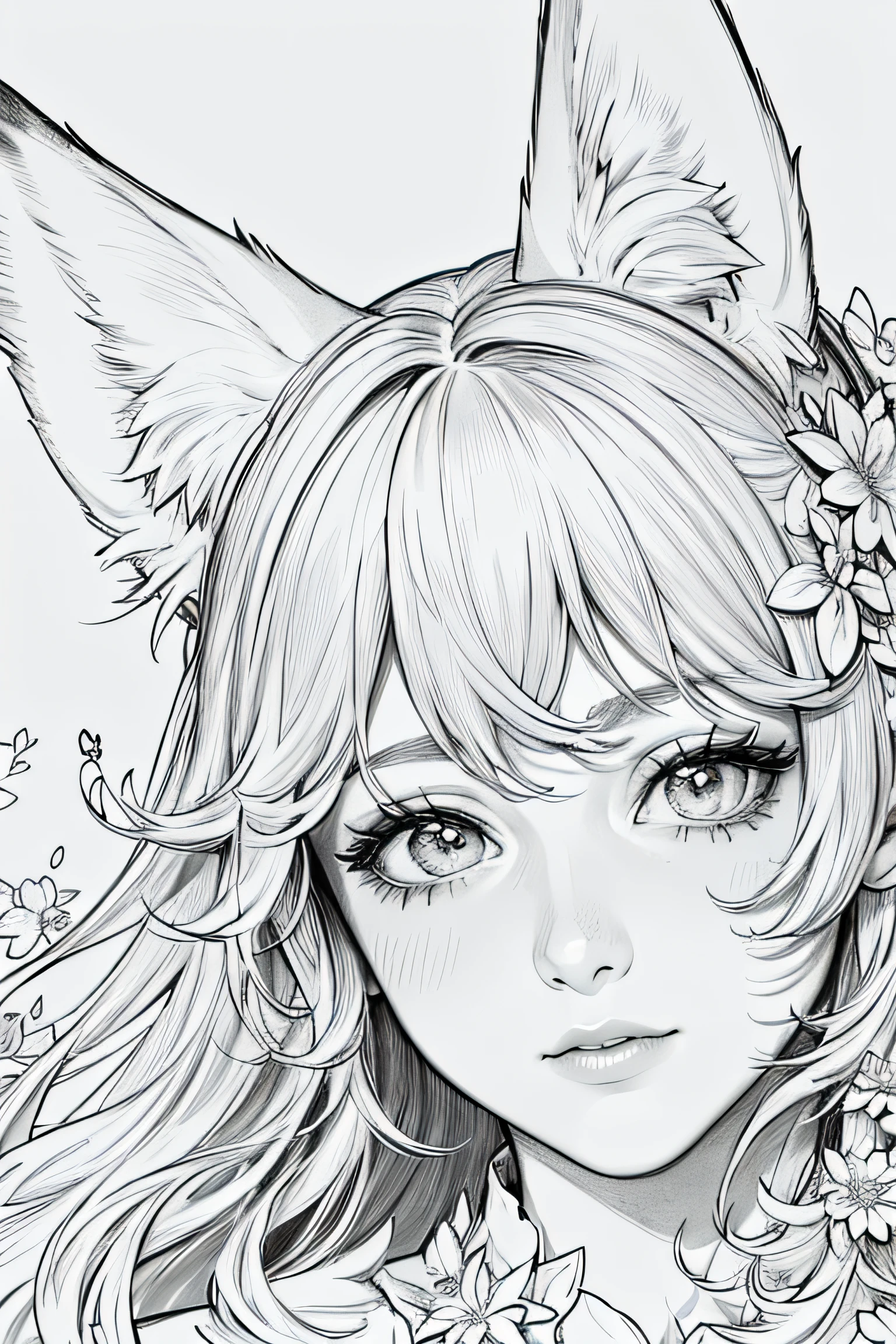 best quality, highres, masterpiece:1.2, ultra-detailed, realistic:1.37, Fox ears, male, close-up of the bust, floral line drawing background, white background, monochromatic, line drawing, sketch.