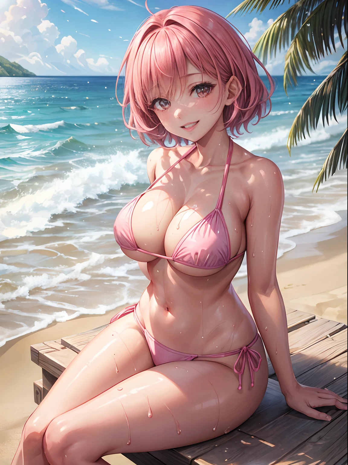 top-quality、Full limbs、complete fingers、one beautiful women、Beautiful Large Breasts、short-hair、bobhair、Pink hair、bikini in pink color、Bikini with sharp high-leg angles、Raw feet、A big smile、Mare、beach、Sitting at the water's edge、Wet texture
